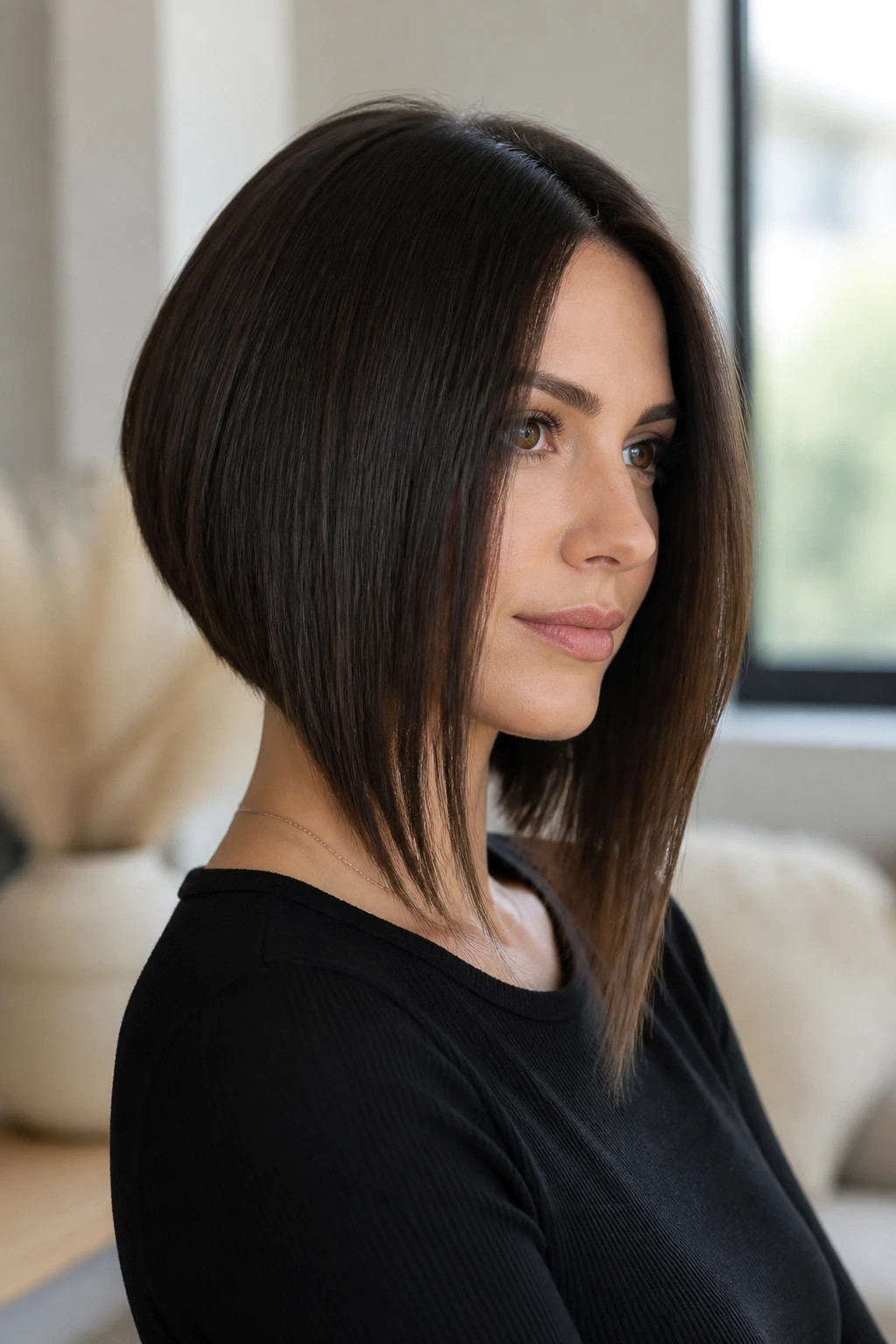 Close-up of a real woman with a polished straight long angled bob hairstyle