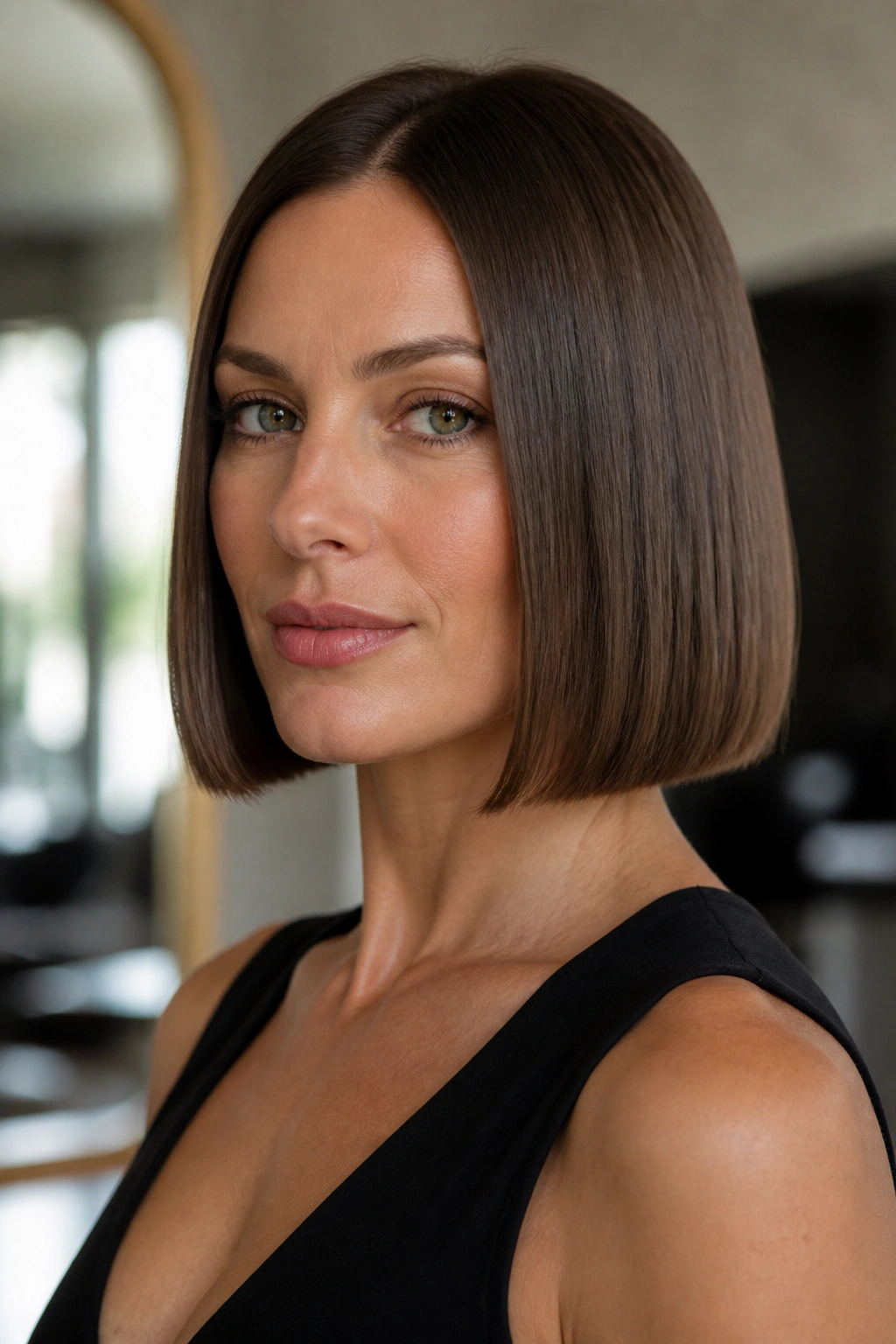 Close-up portrait of a real woman with a polished straight bob and clean line.