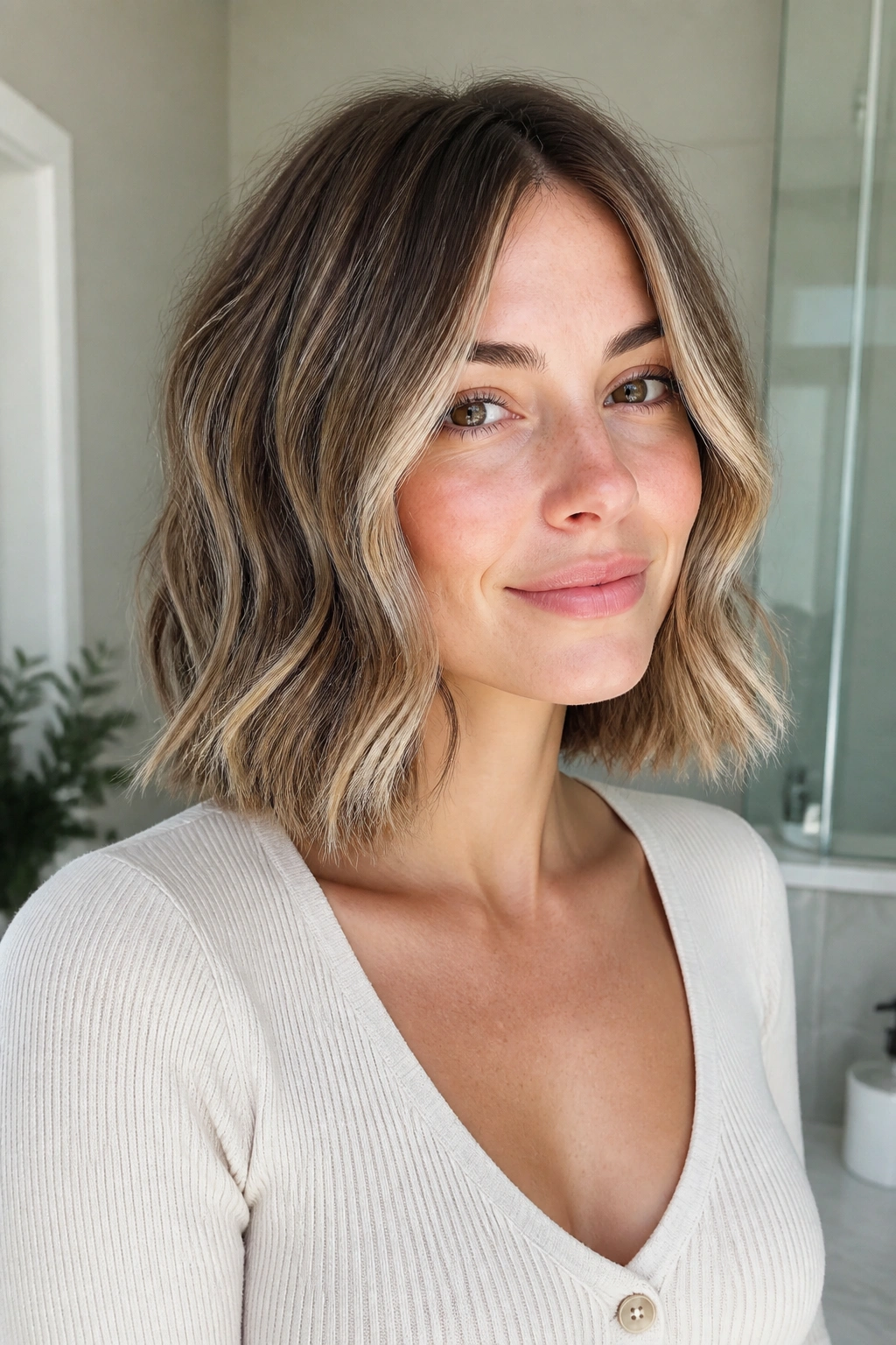 Close-up portrait of a real woman with a polished wavy lob for fine hair.