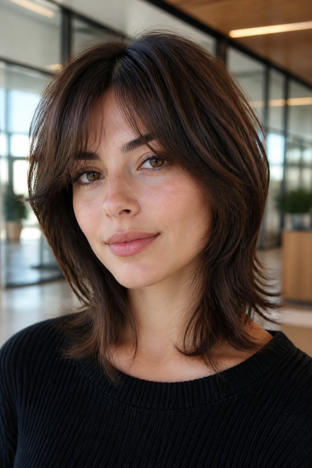 Close-up portrait of a real person with Polished Wolf Cut showing smooth, clean lines.