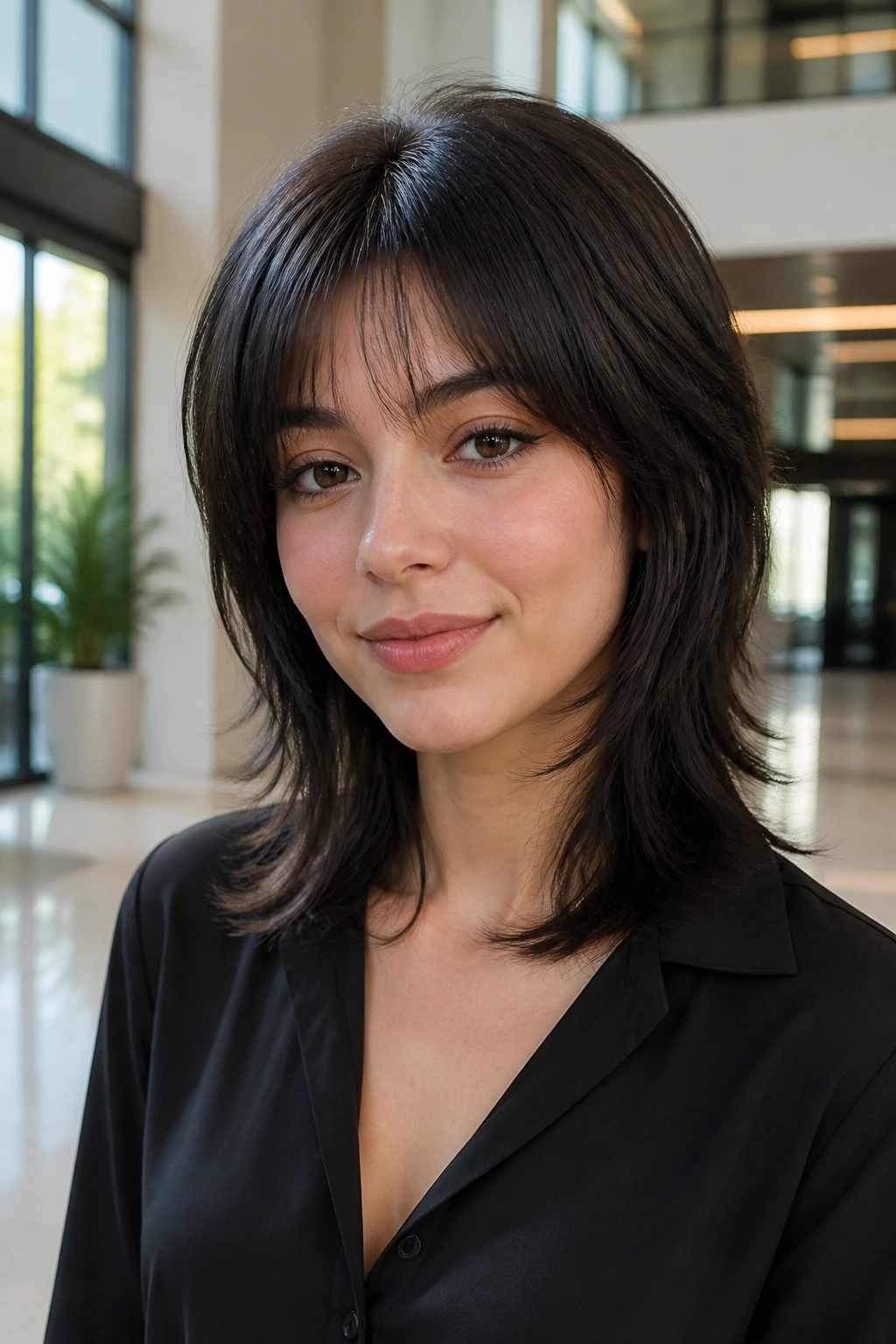 Close-up of a real woman with a polished wolf cut and minimal texture in a bright office setting