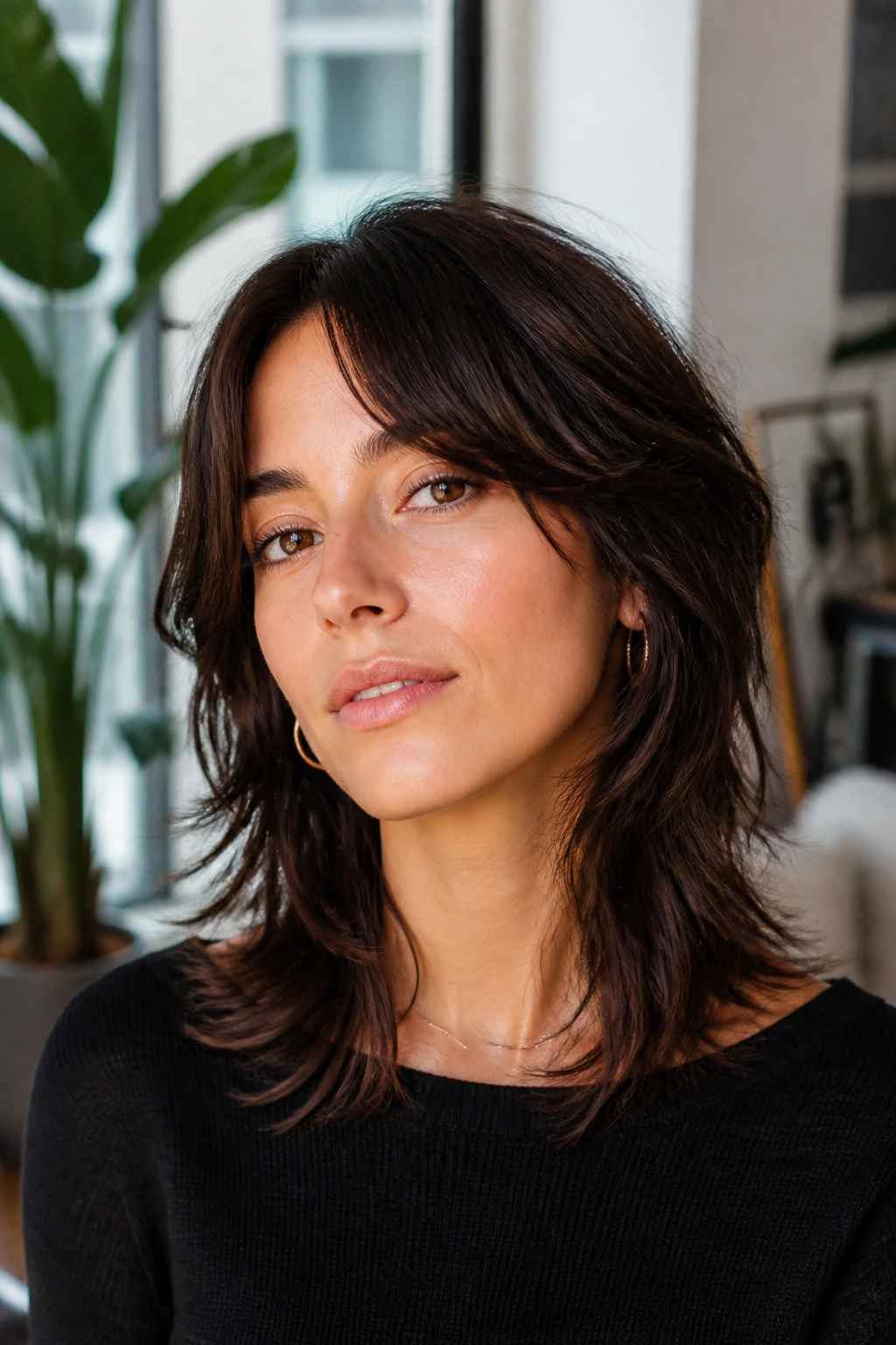 Close-up of a real person with polished wolf cut and soft edges