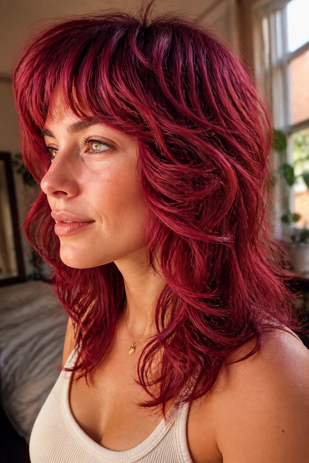 Close-up portrait of a real woman with a pomegranate wolf cut and curled ends in vivid red