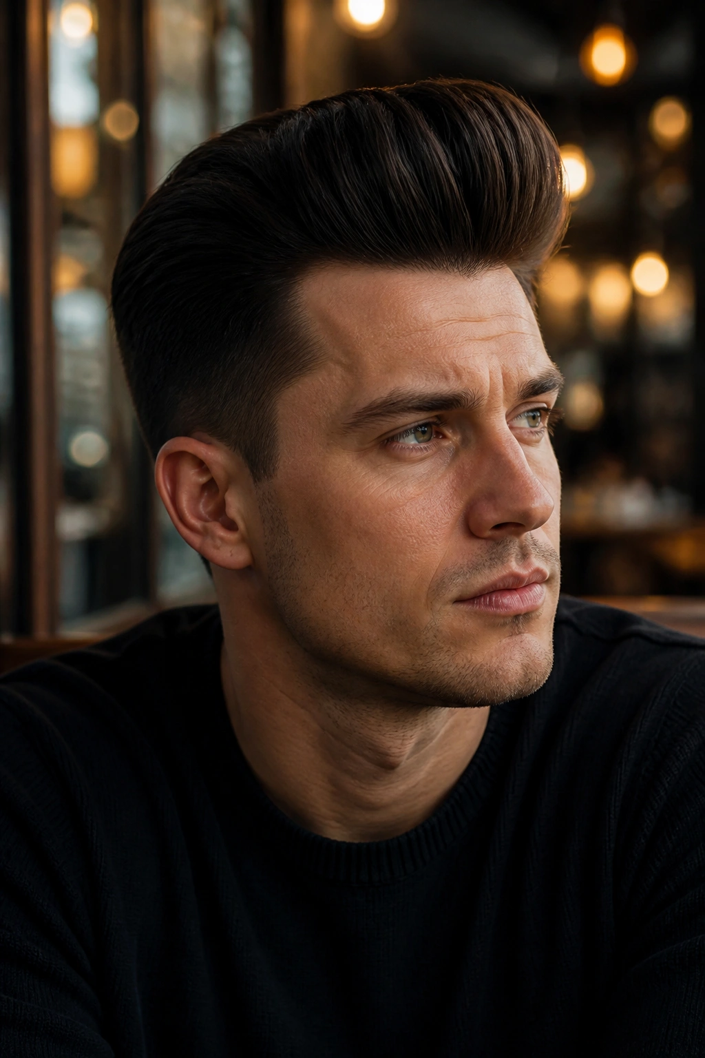 Close-up portrait of a man with a bold pompadour in an urban cafe