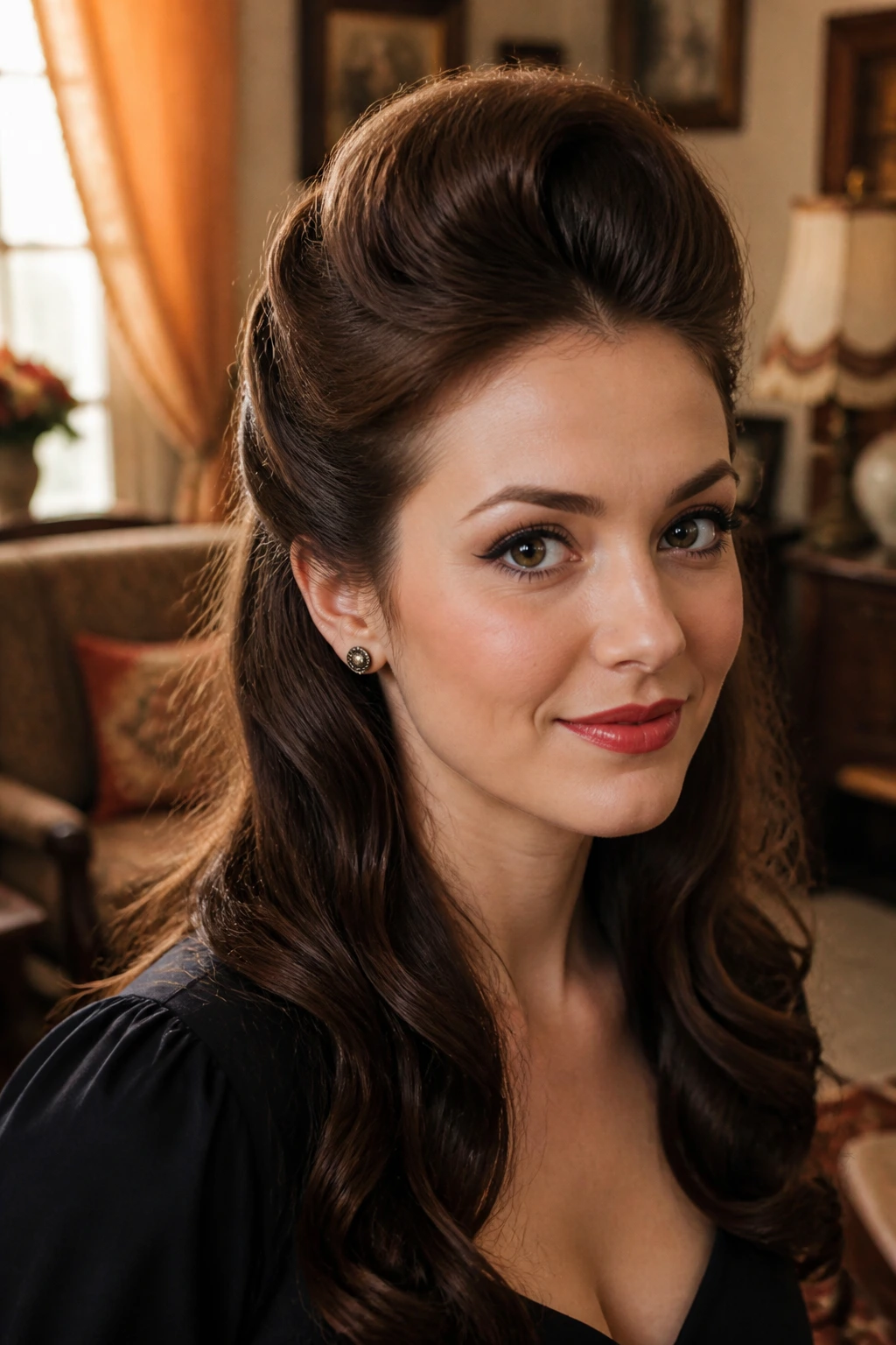 Close-up of a real woman with a pompadour half-up hairstyle in warm light