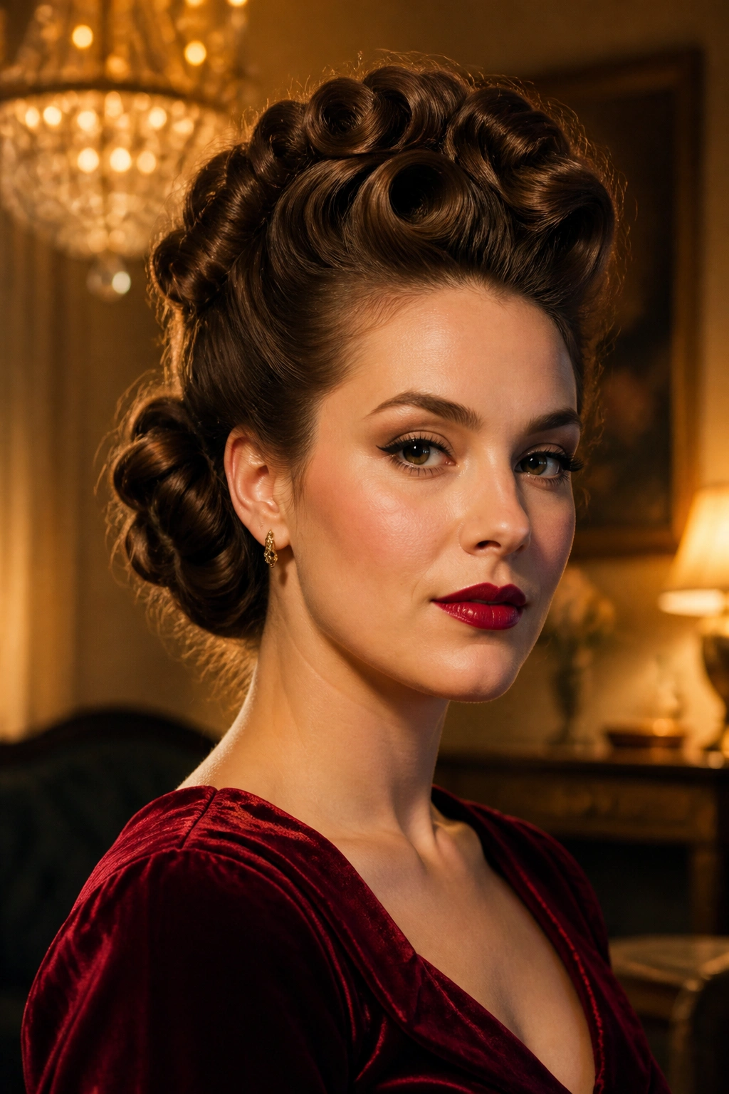 Real woman with pompadour pin curls and crown lift in warm light.