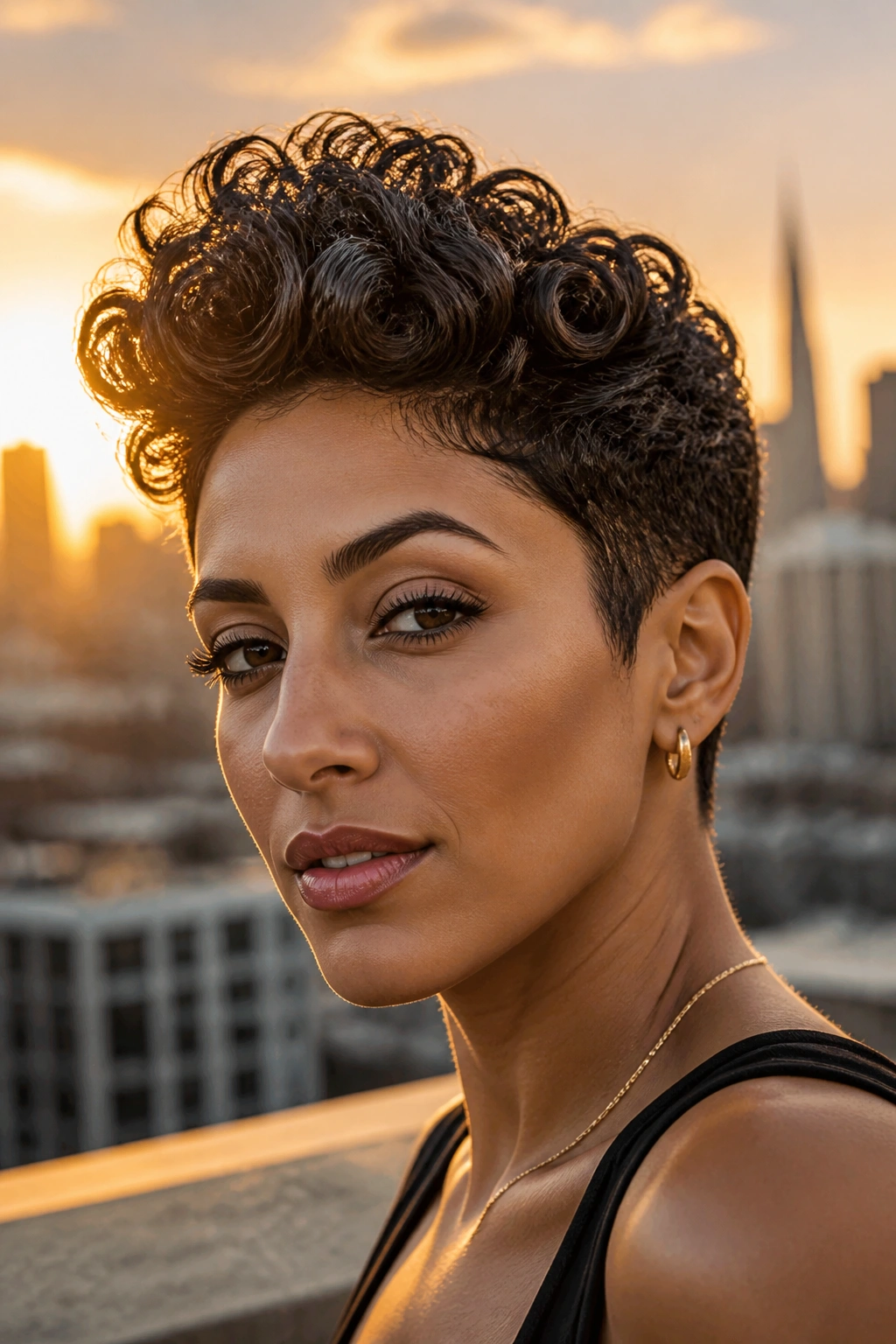 Portrait of a woman with a lifted front pompadour curly pixie
