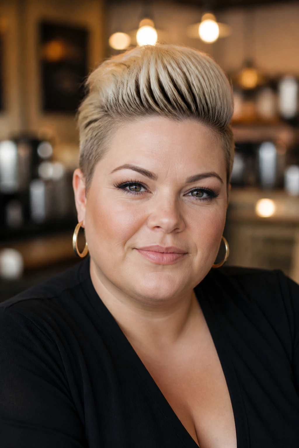 Close-up of a real woman with a pompadour-inspired pixie in warm cafe light