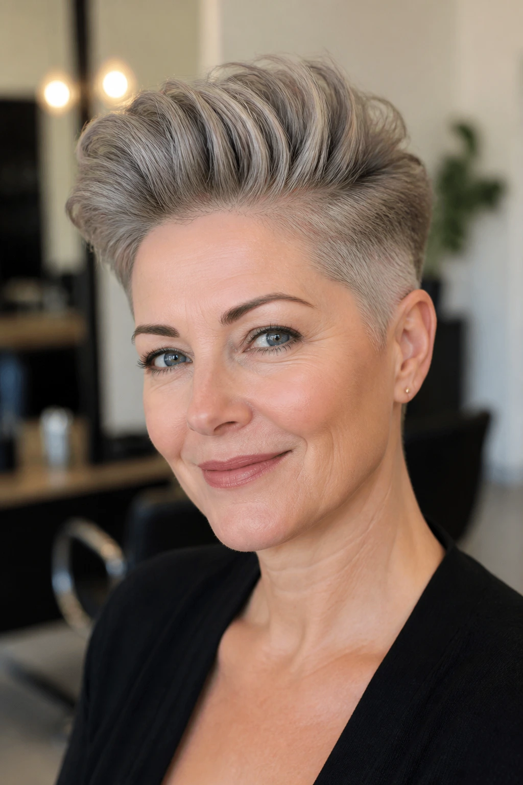 Close-up of a real woman with a pompadour-inspired pixie hairstyle