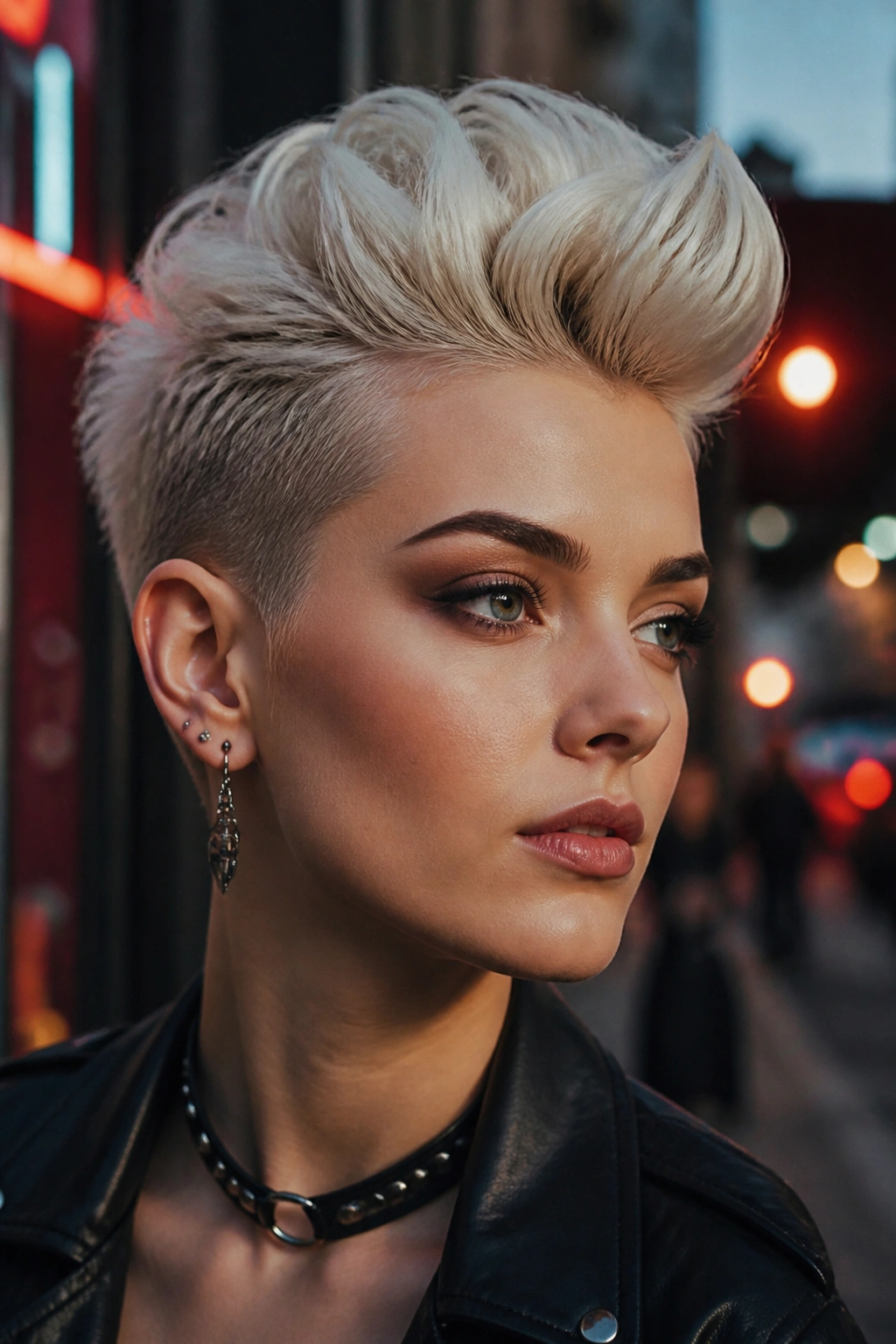 Pompadour pixie close-up portrait with lifted front in urban dusk setting