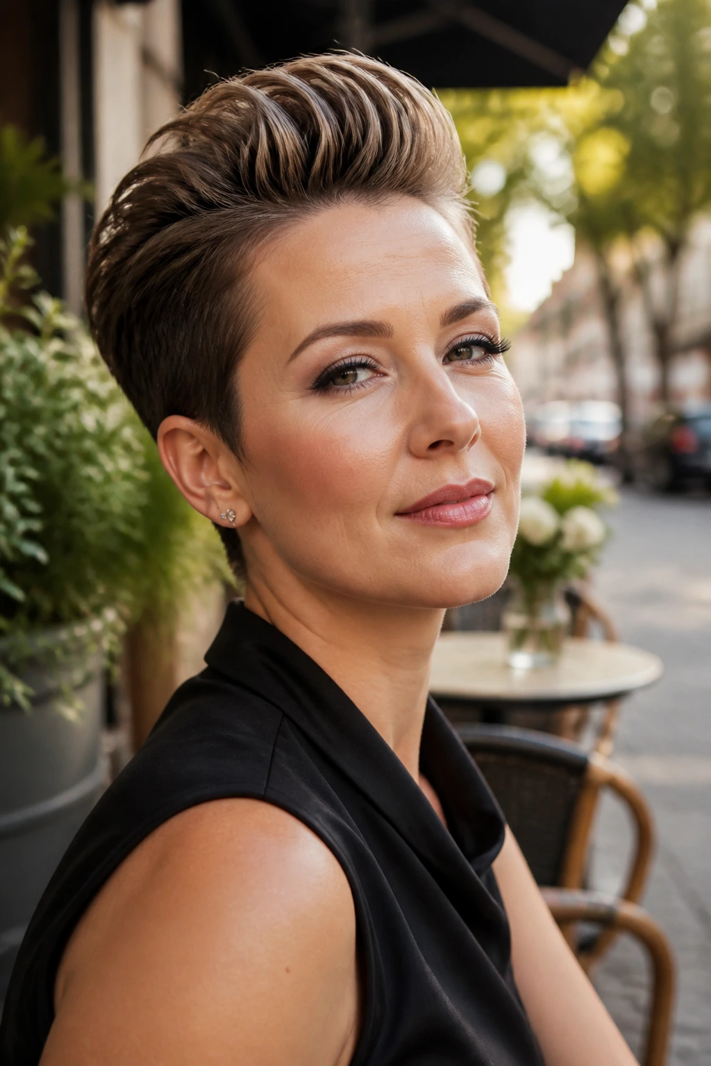Close-up of a real woman with a pompadour pixie on a sunlit street.