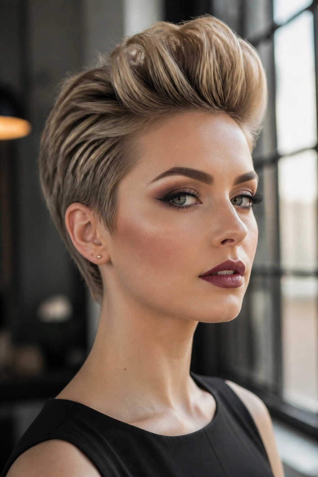 Close-up of a woman with sculpted pompadour on pixie cut
