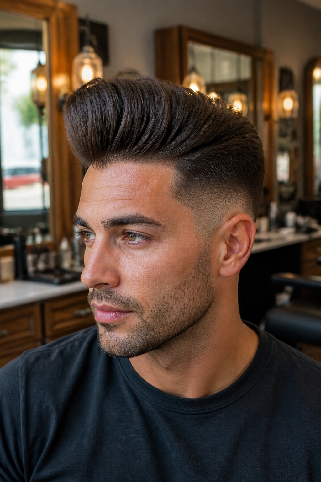 Portrait of a man with a pompadour and taper fade in a barbershop setting