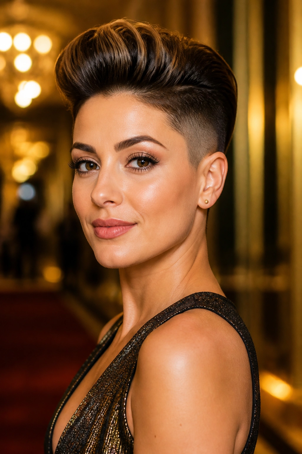 Real woman with pompadour undercut, front volume swept back.