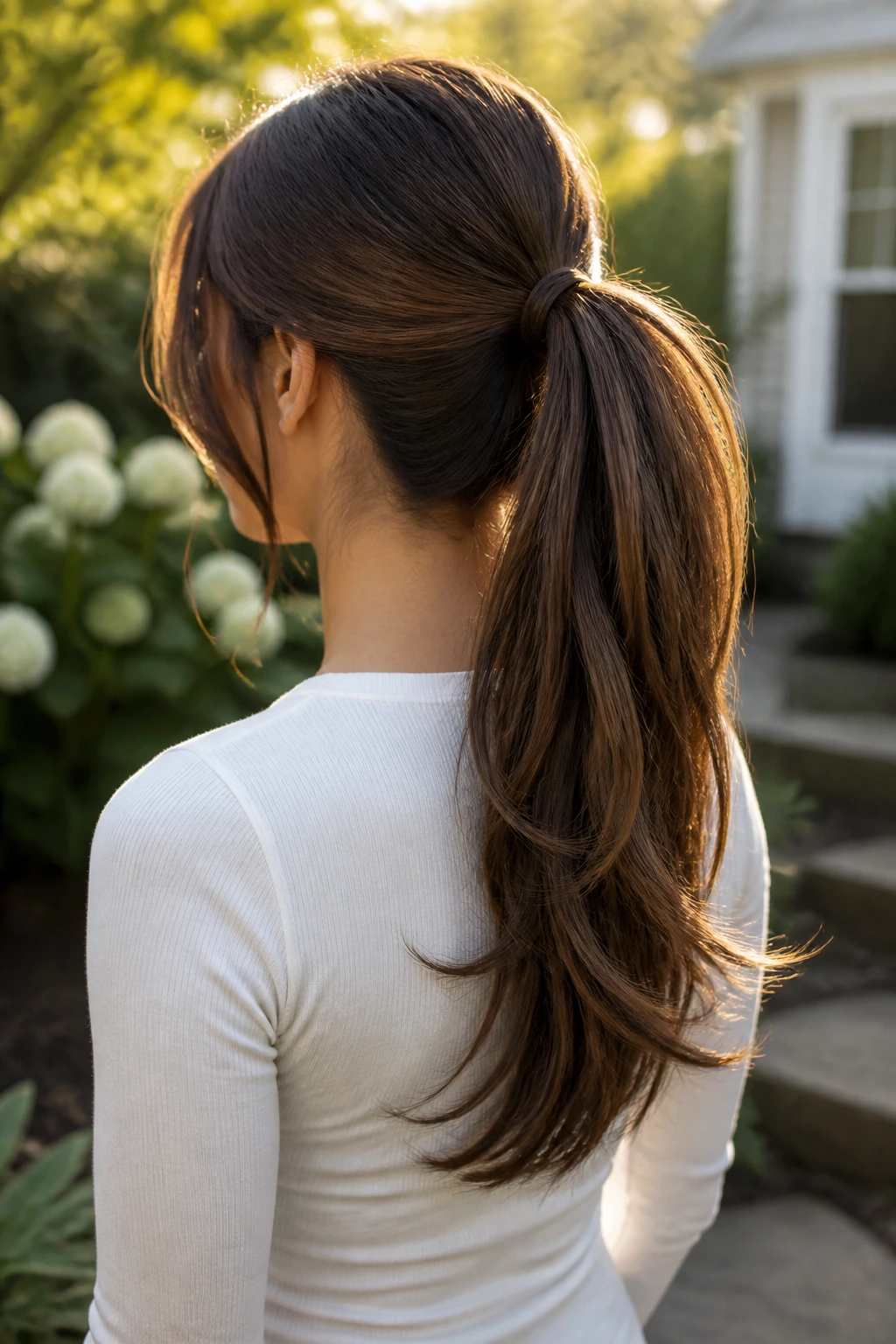 Back of head showing ponytail with long layered hair