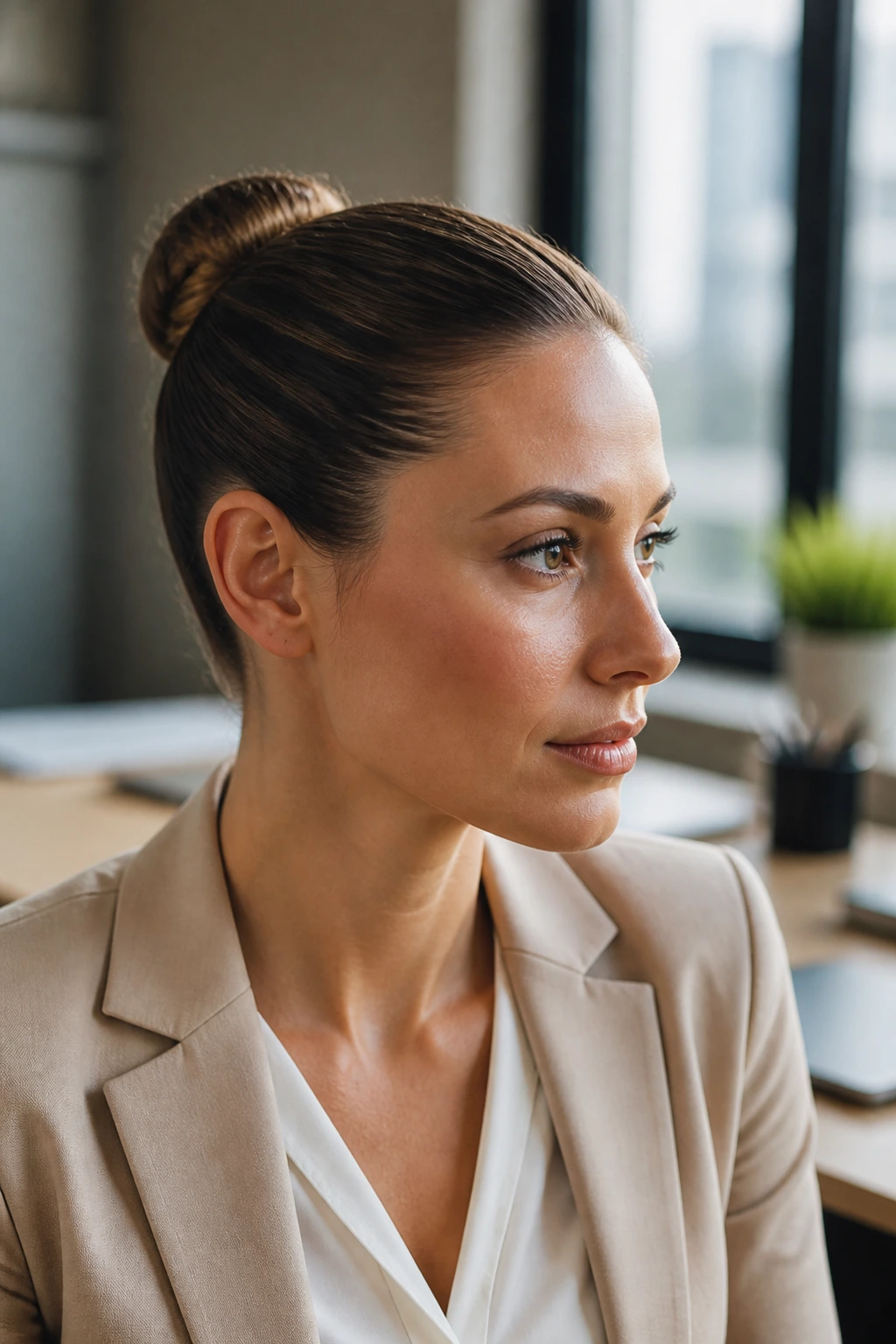Close-up of a woman with a ponytail-base wrapped bun in an office setting