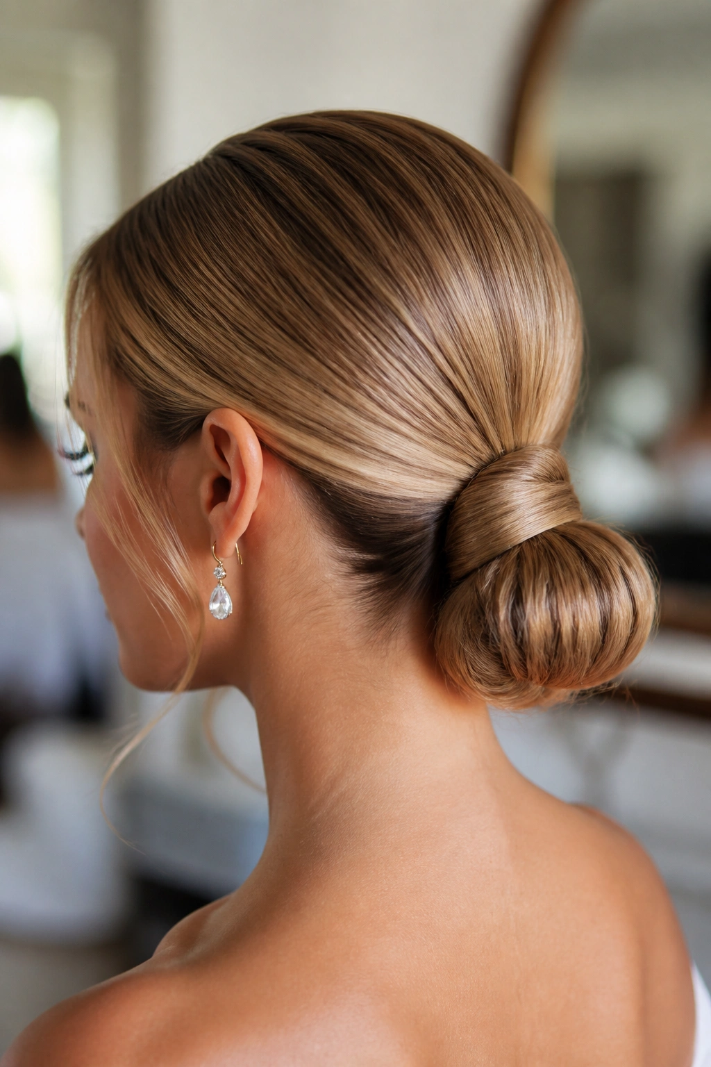 Real model wearing a sleek ponytail-to-bun hybrid hairstyle.