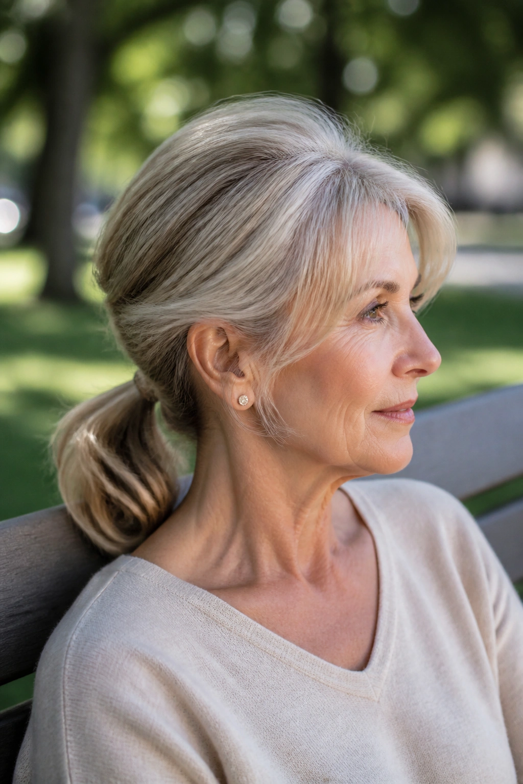 Portrait of a woman with a crown-lift low layered ponytail outdoors.