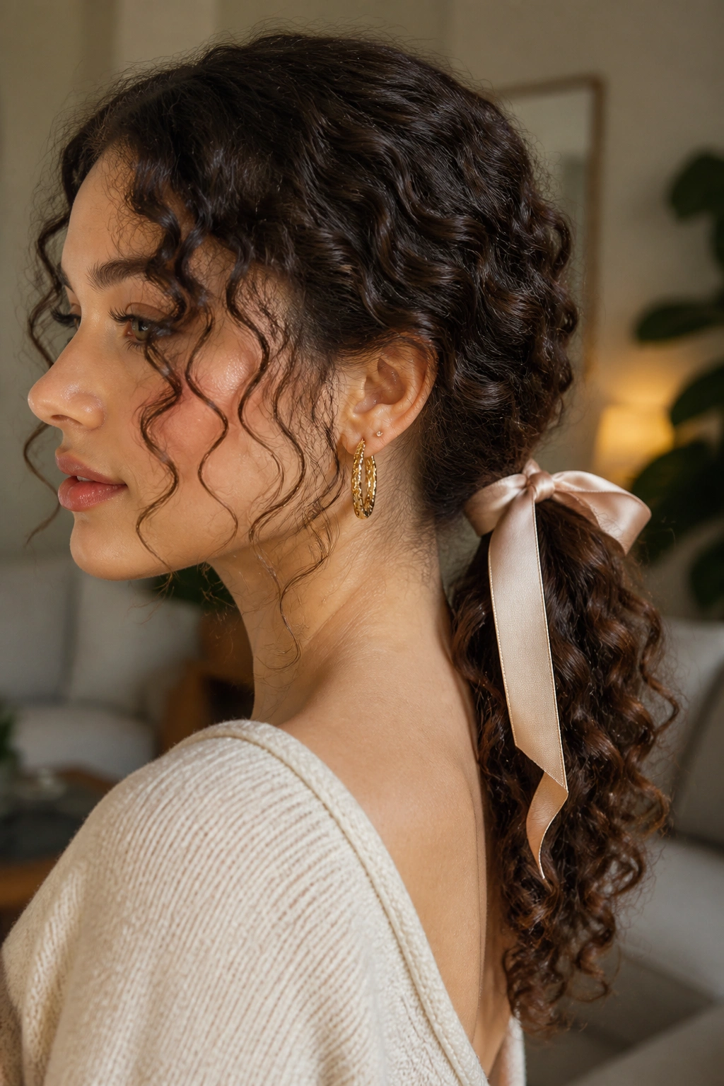 Close-up of a real woman with a soft baby curl ponytail and ribbon