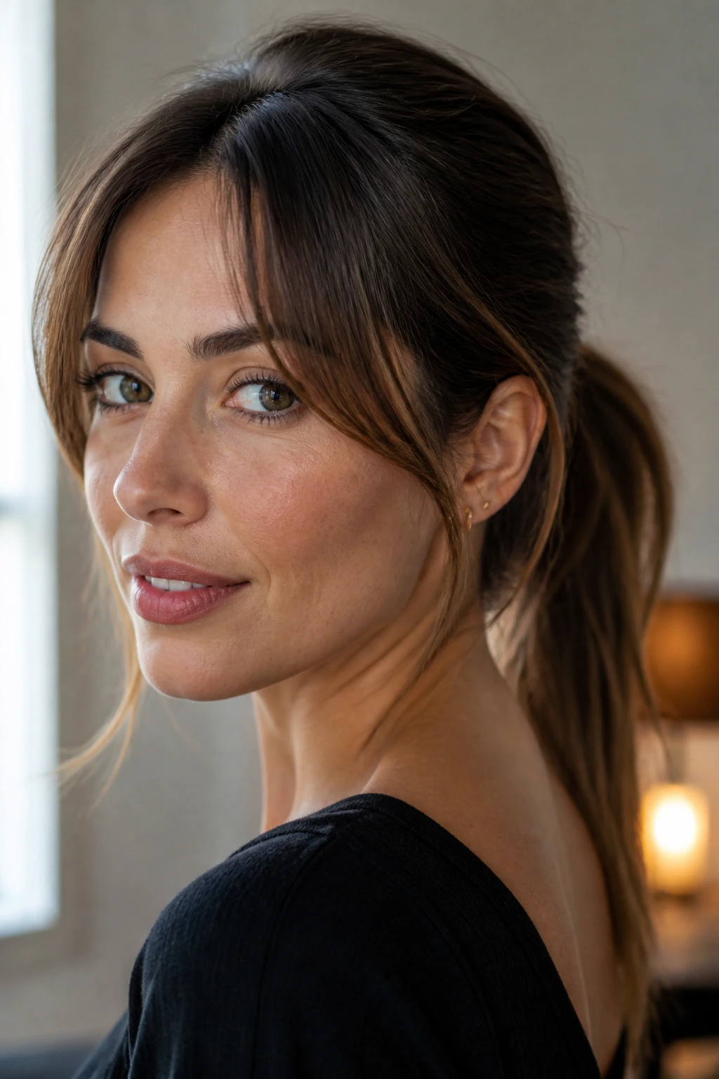 Close-up portrait of a real woman with ponytail-friendly curtain bangs framing her face