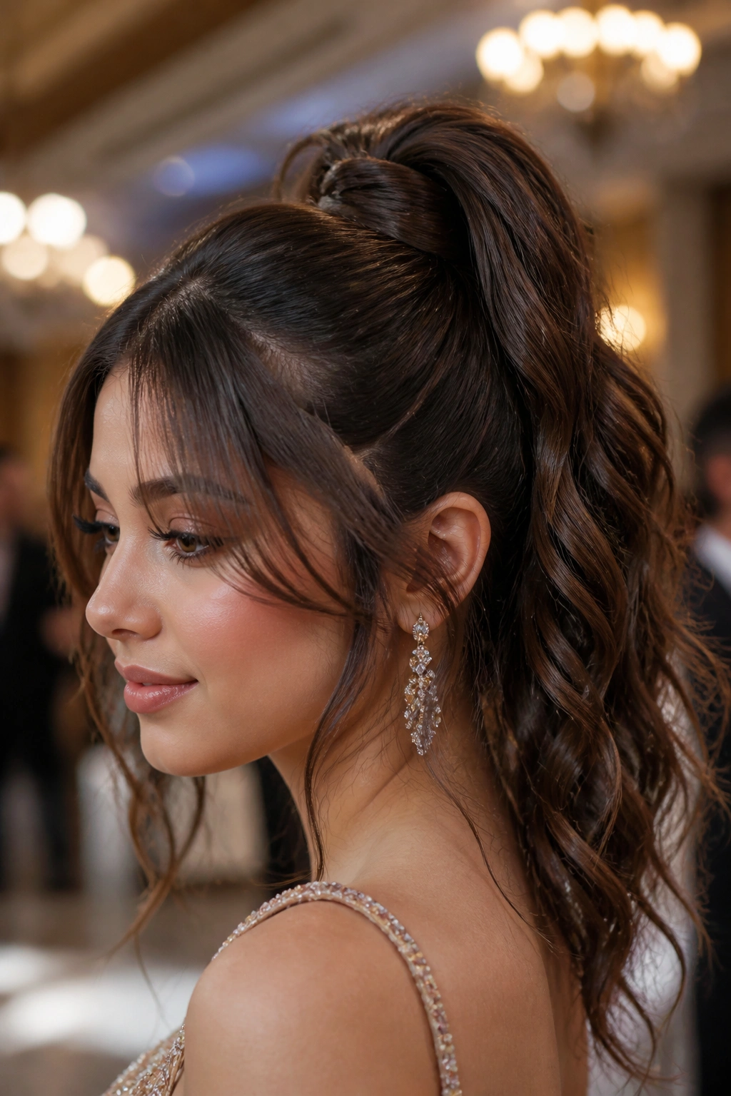 Close-up of a real person with textured high ponytail and curtain bangs in an elegant ballroom setting