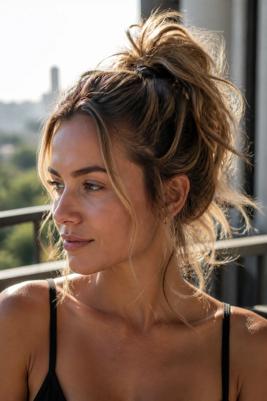 Close-up of a real woman with a high messy ponytail and face-framing strands outdoors.