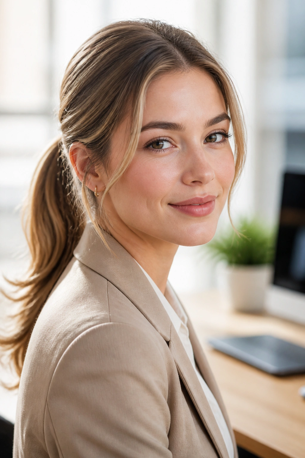Close-up portrait of a real woman with a neat ponytail in an office setting