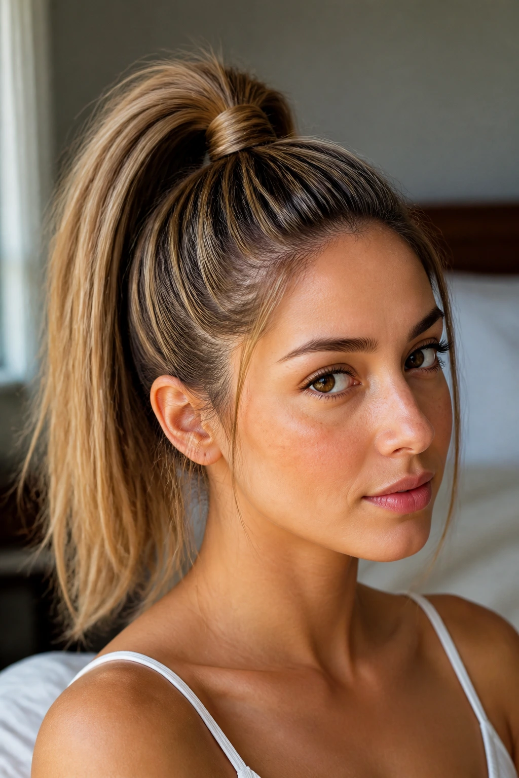 Close-up of a woman with a high ponytail wrapped base