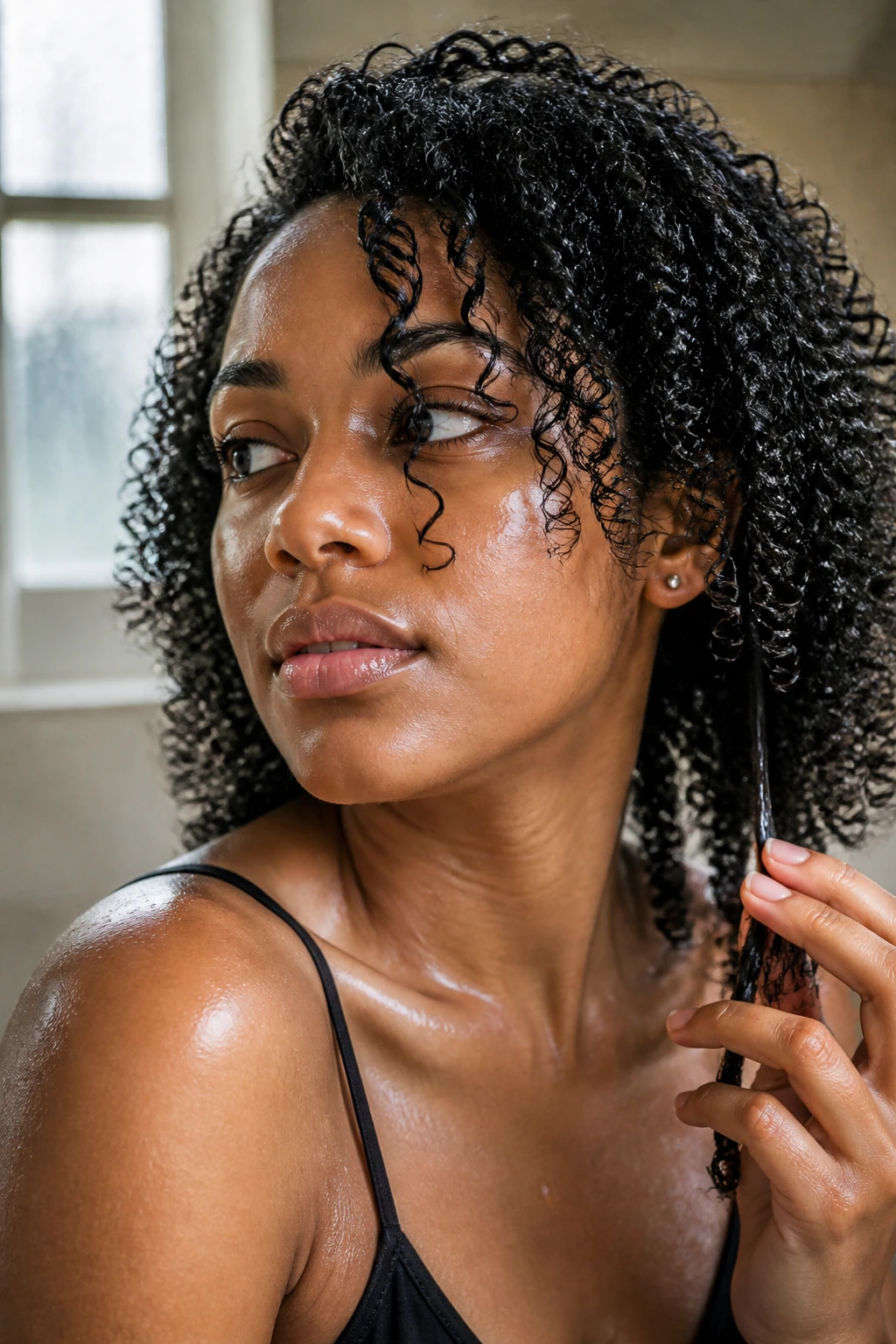 Close-up portrait showing water beading on curly hair to indicate porosity