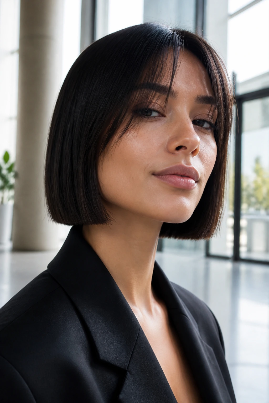 Close-up of a real woman with a sharp power bob and barely-there curtain bangs in a bright urban setting.