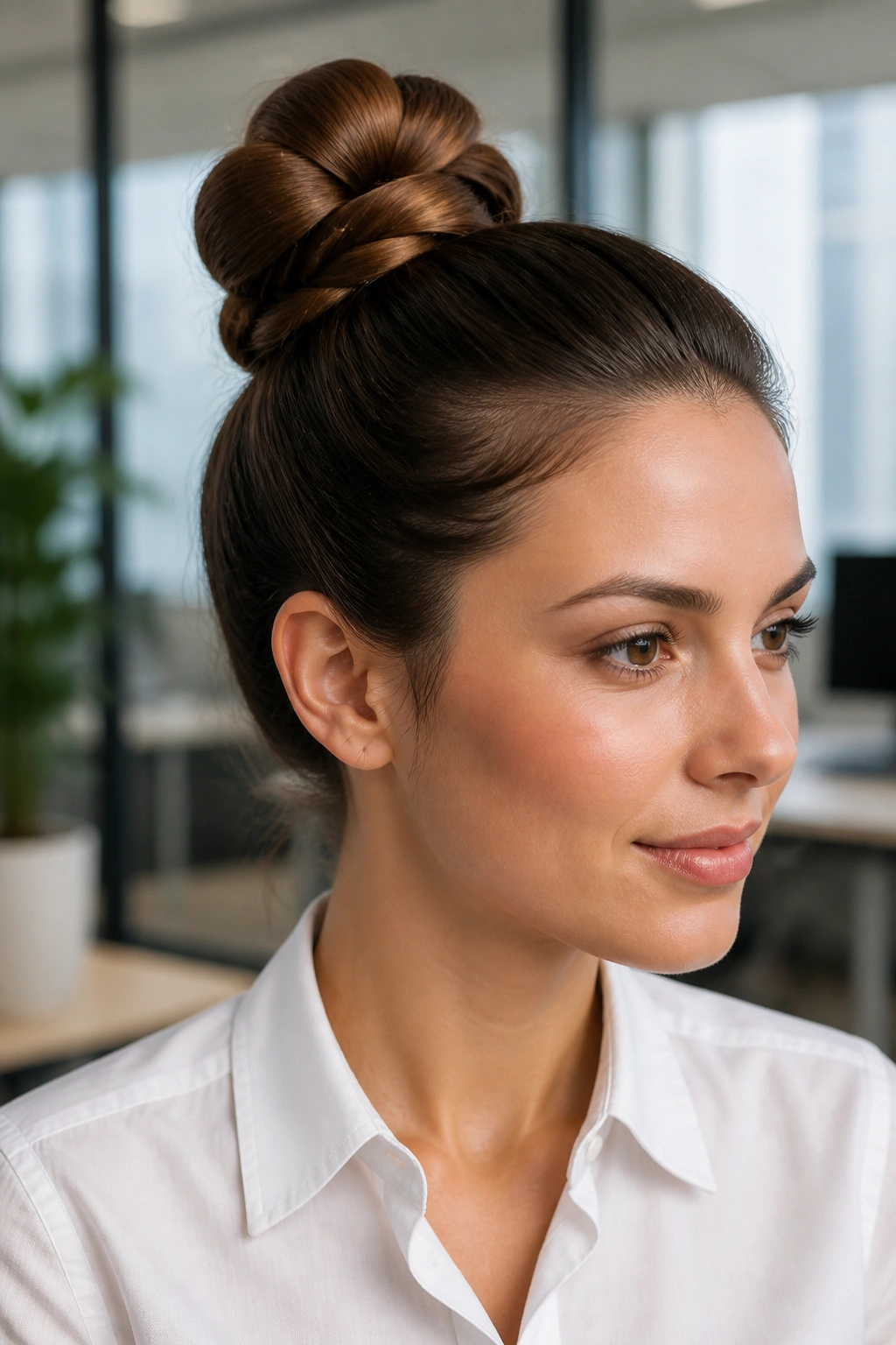Portrait of a real woman with a pretzel bun in an office setting