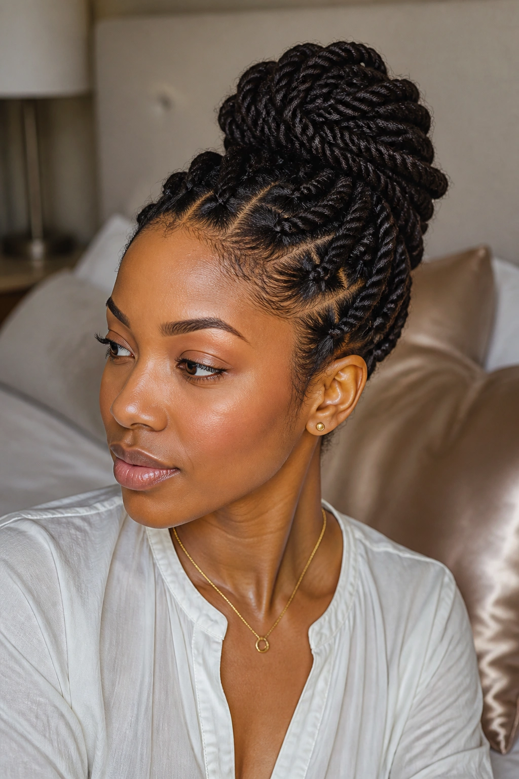 Close-up of real woman with protective twisted updo in soft bedroom light.