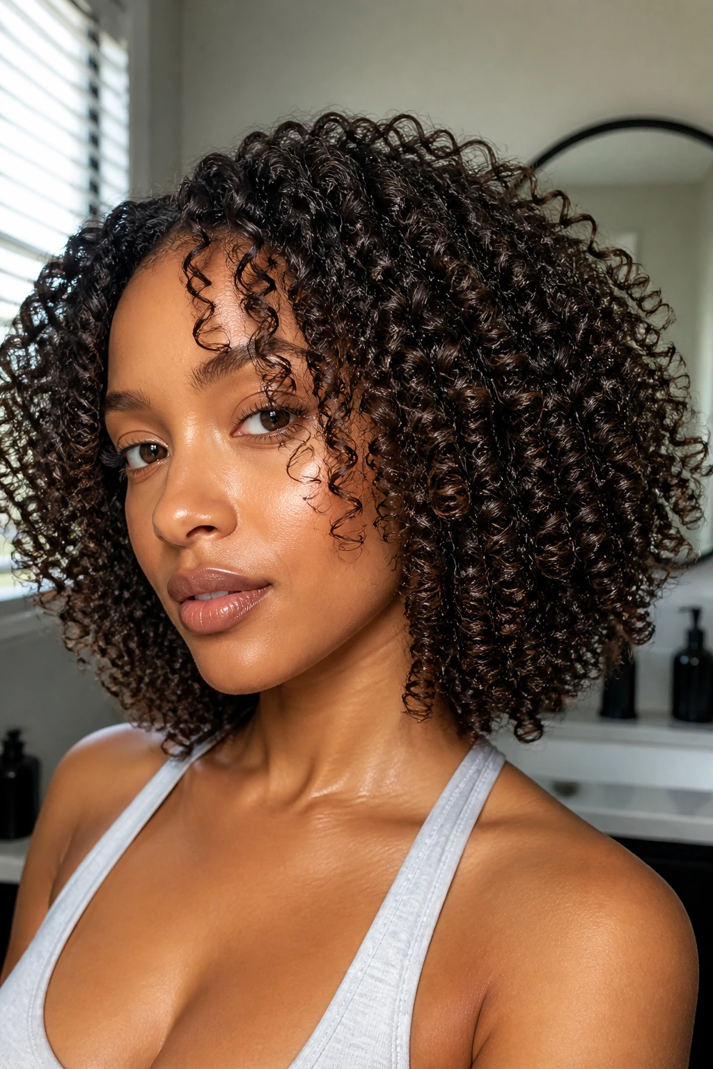 Close-up of a real person showing balanced moisture and protein in curls.