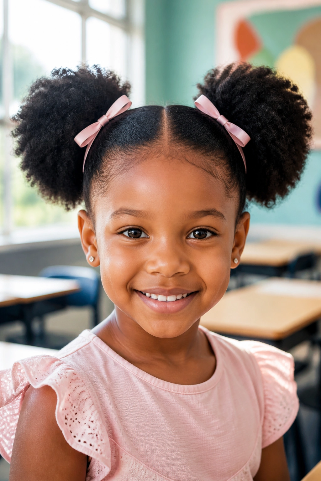 Close-up of a girl with two symmetrical puff pigtails and a clean middle part