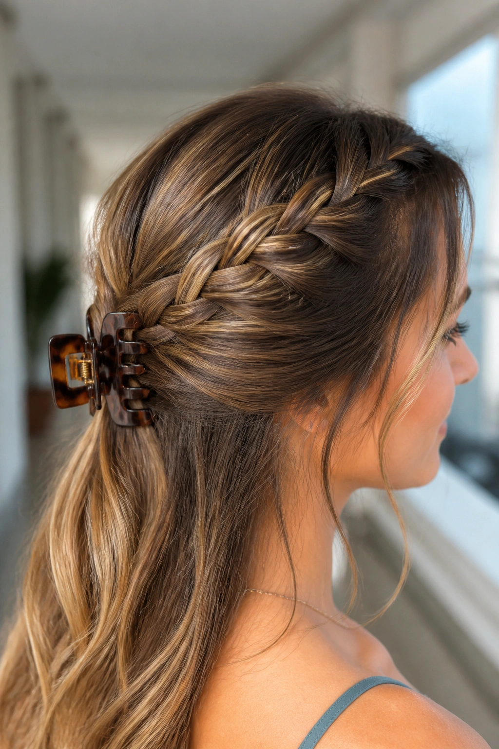 Close-up of a real woman with a pull-back braid secured by a claw clip