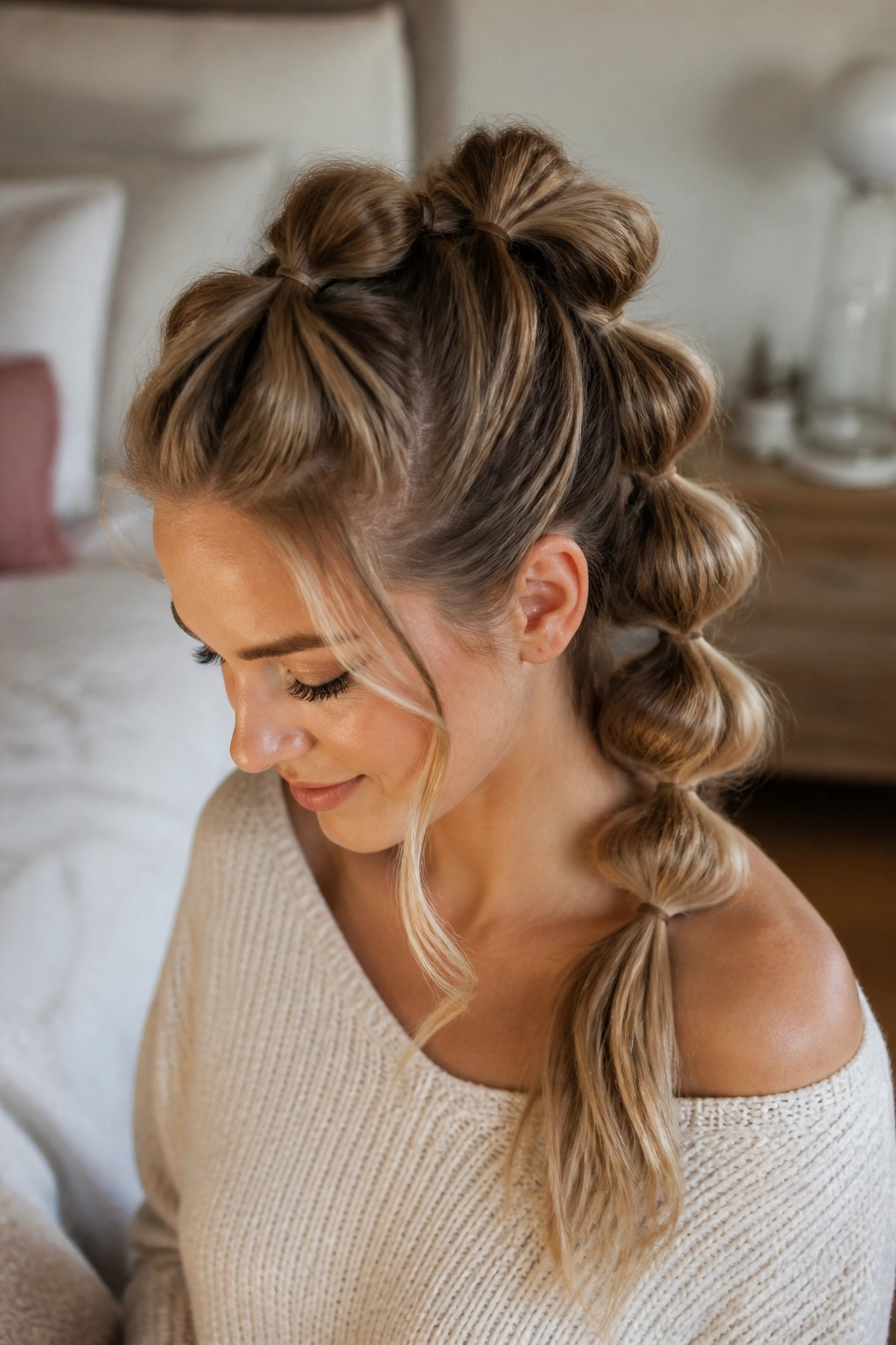 Close-up of a woman with a pull-through braid on the crown