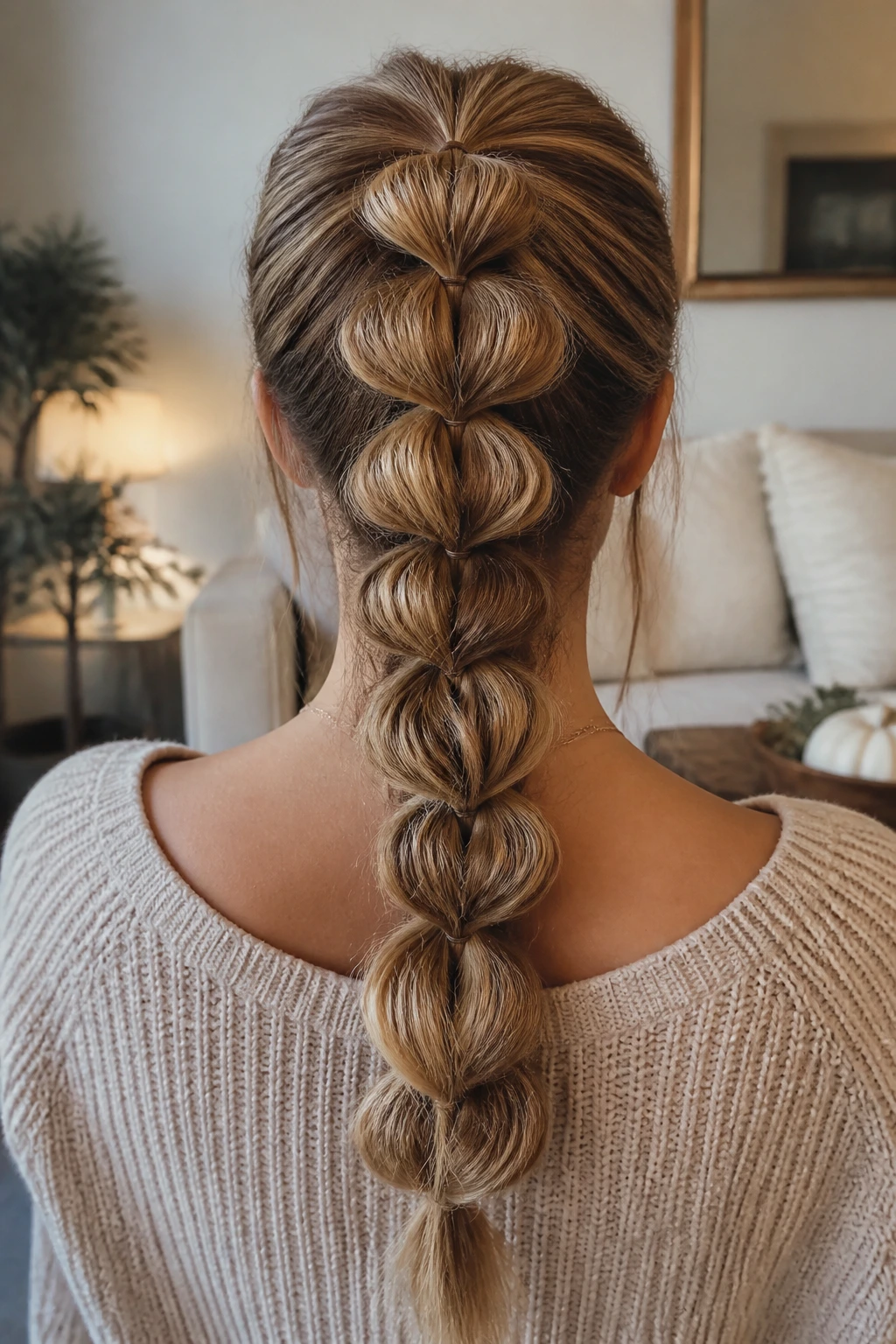 Back view of a real woman with a pull-through braid creating a full, chunky braid effect.