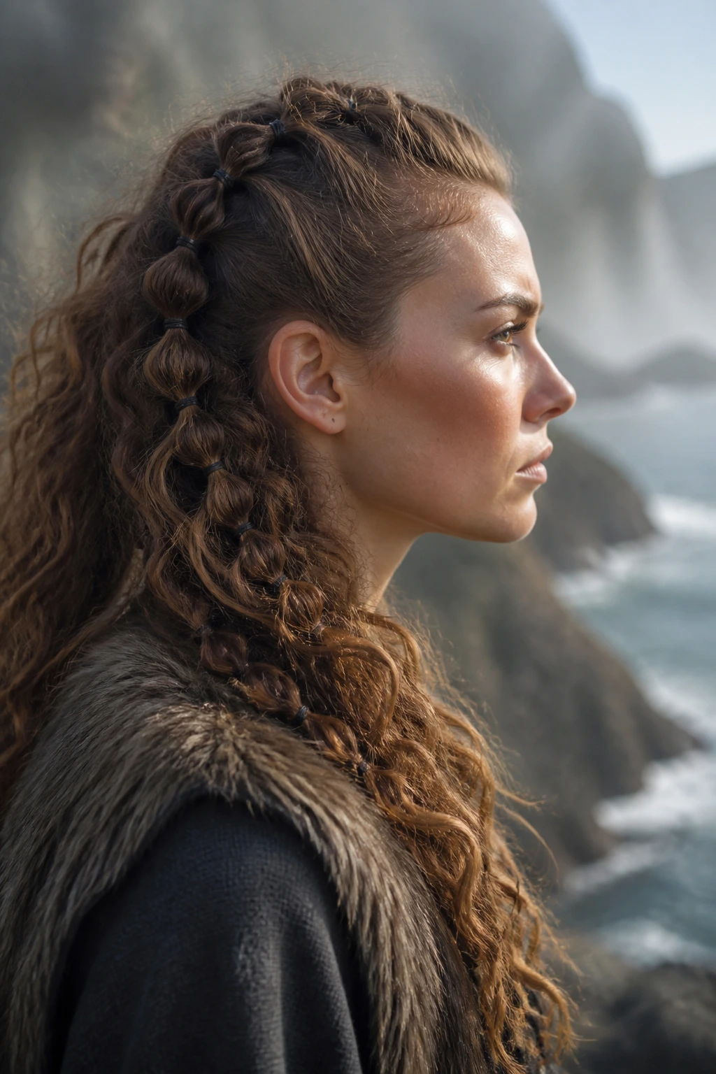 Side profile of a real person with an asymmetrical pull-through braid and voluminous curls