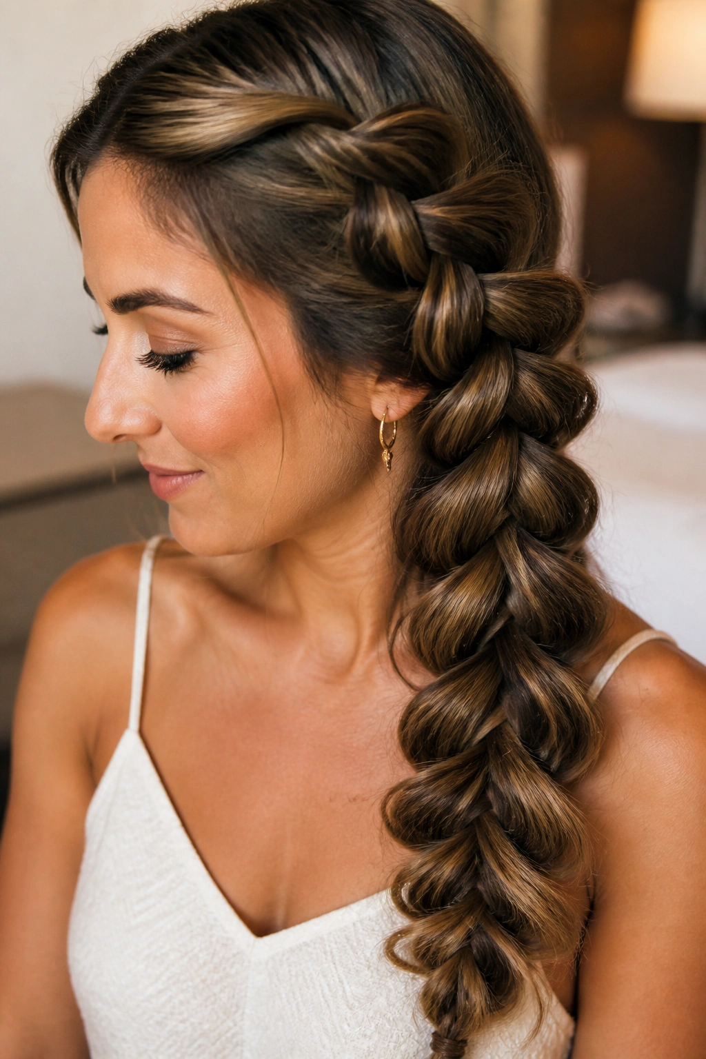 Portrait of a real woman with a pull-through side braid and big loops