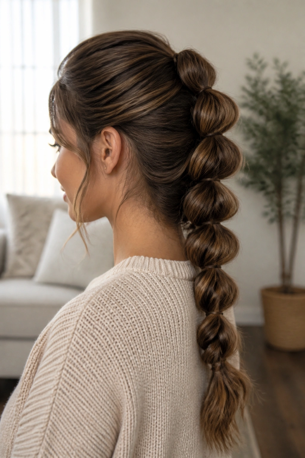 Side-profile of a real woman with a pull-through braid showing depth.