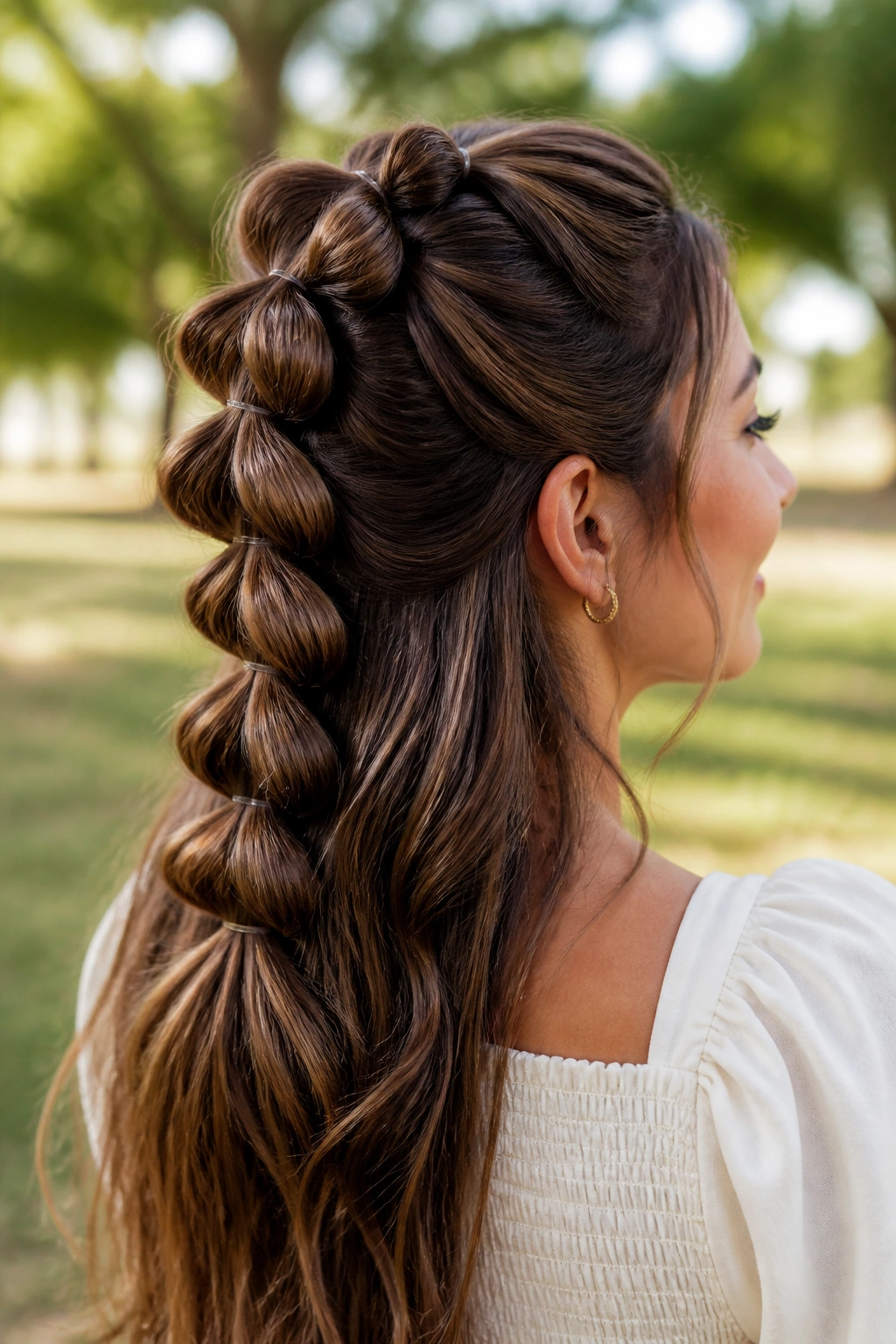 Close-up of a real woman with a pull-through braid in an outdoor park