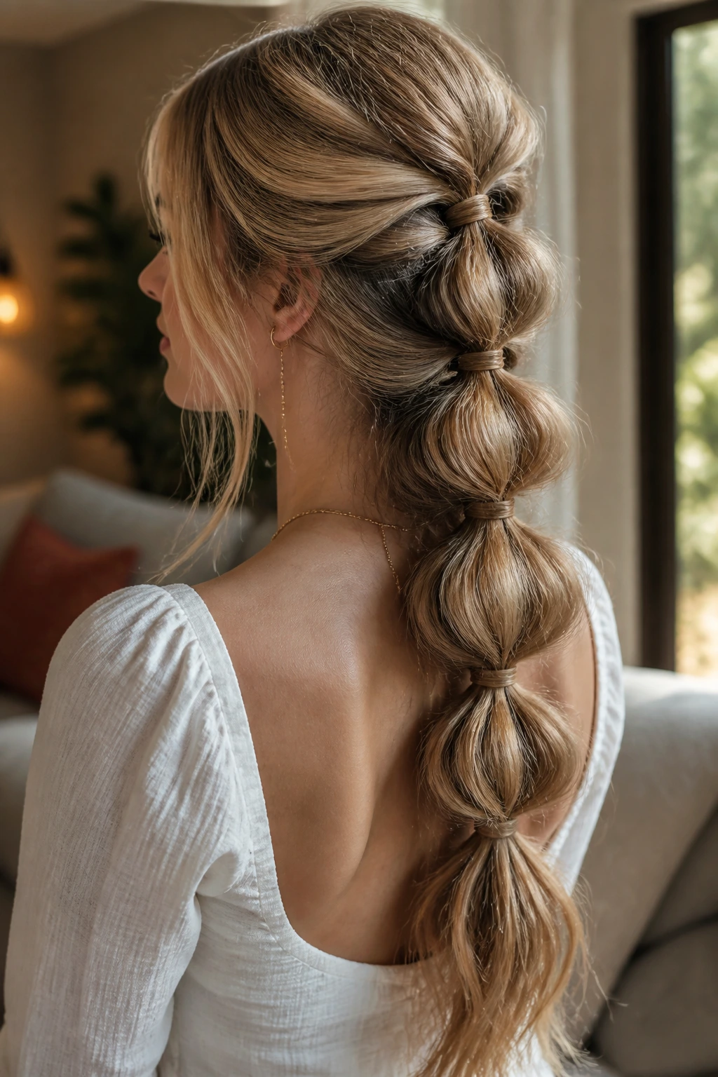 Close-up of a real woman's head showing a chunky pull-through braid along the back with warm window light