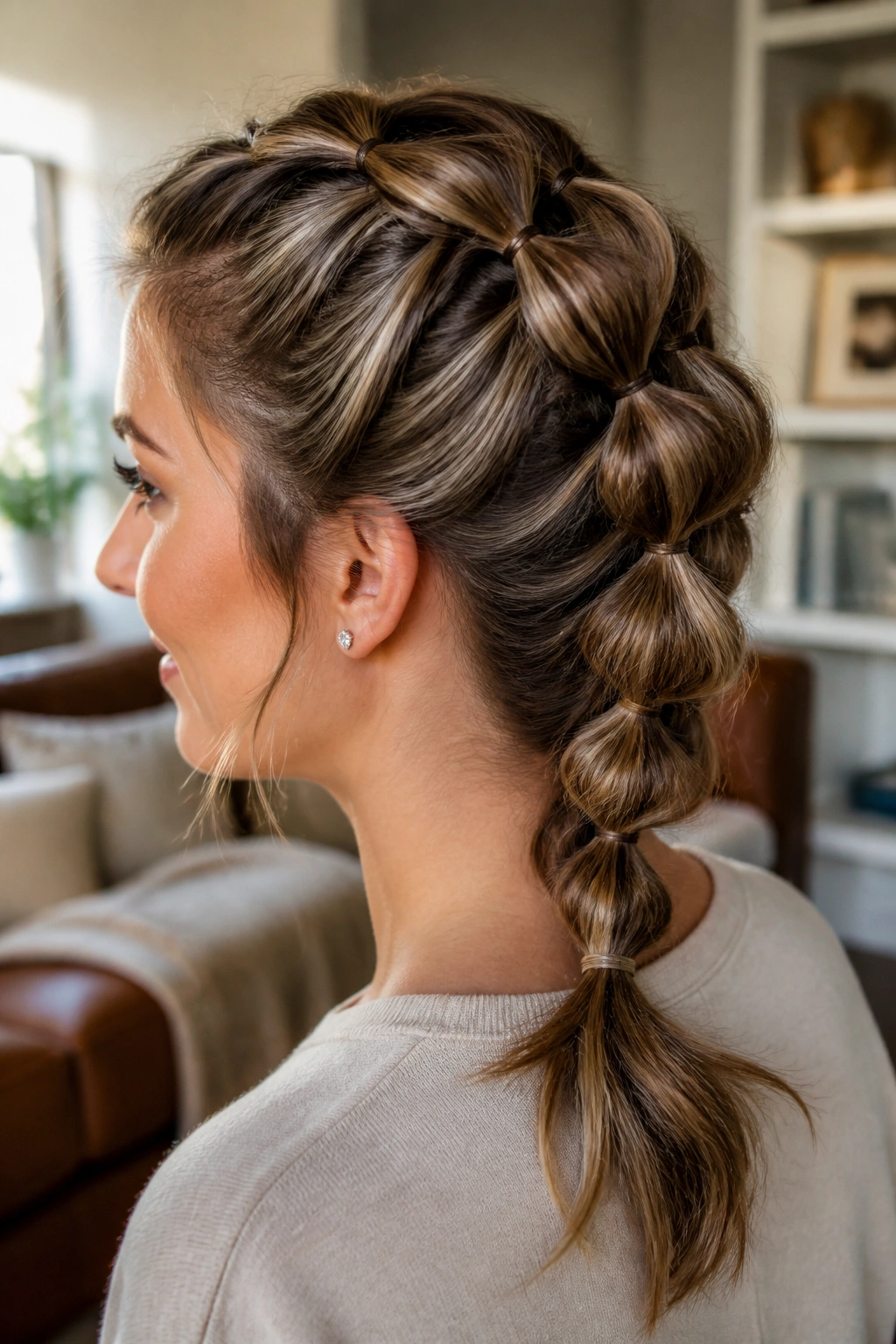 Close-up portrait of a real woman with a pull-through braid along the head