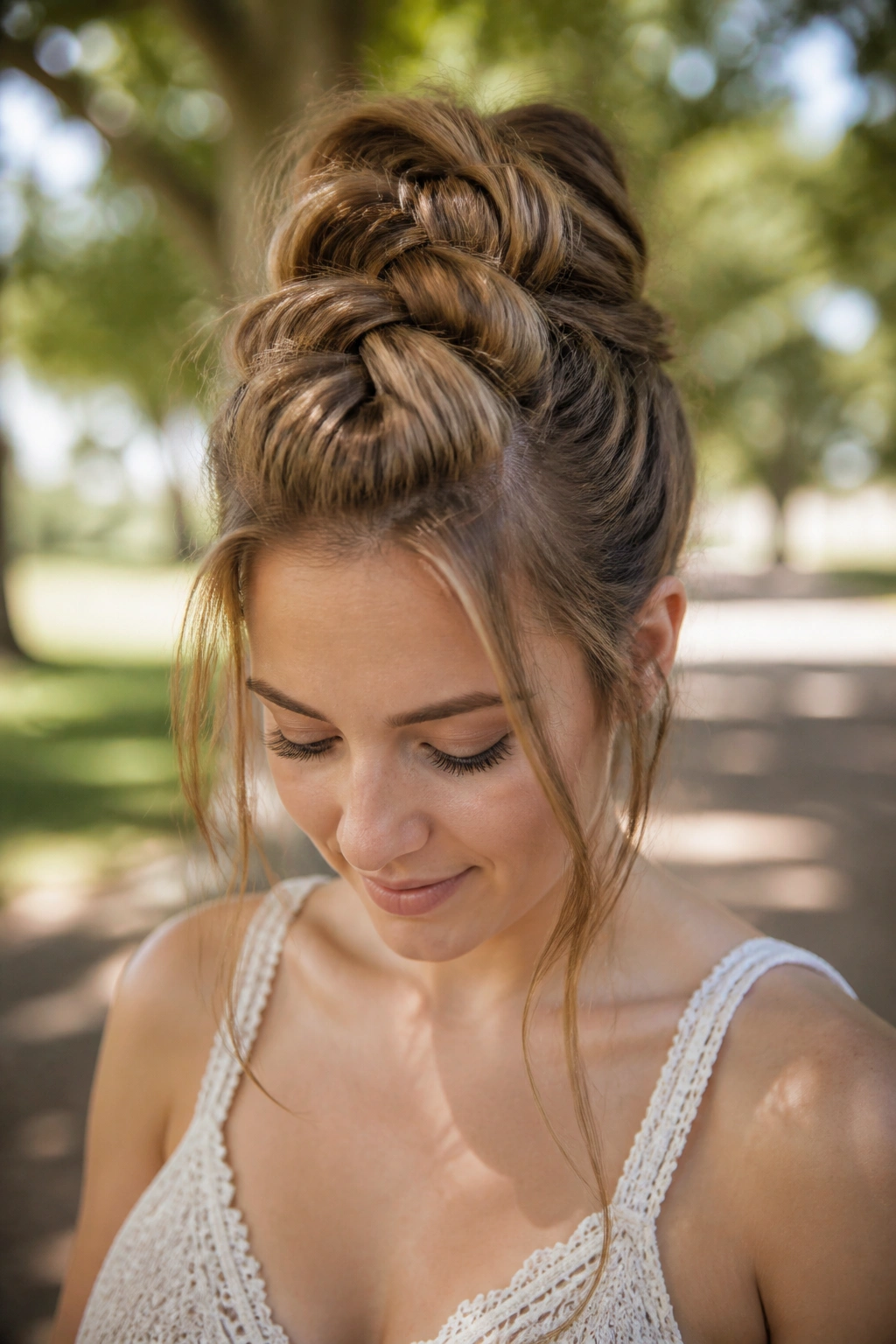Close-up of a real woman with a stacked pull-through braid outdoors in daylight