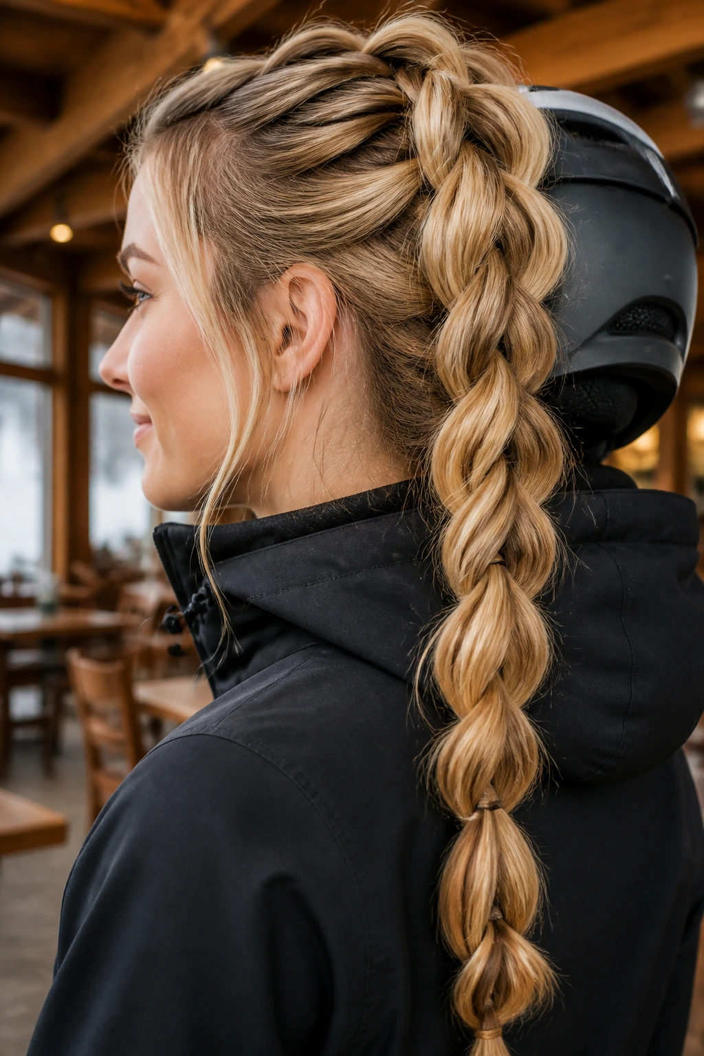Portrait of a real woman with a pull-through braid suitable for helmet wear.