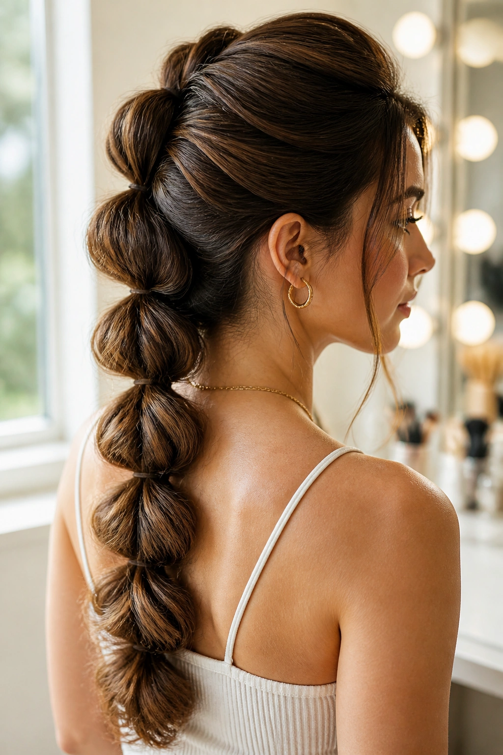 Side-profile of a real woman with a voluminous pull-through braid built from stacked ponytails.