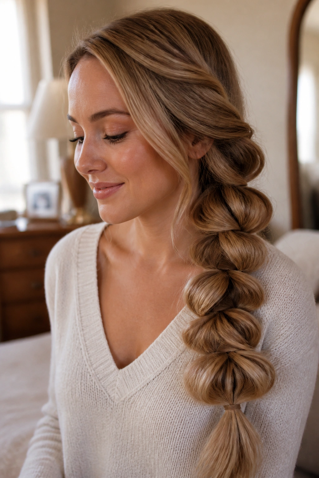 Close-up of a real woman with a pull-through side braid featuring big loops