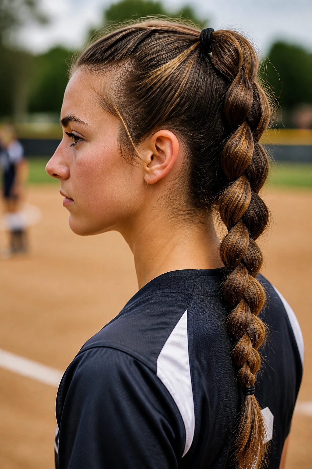 Close-up of a real athlete with a pull-through braided ponytail