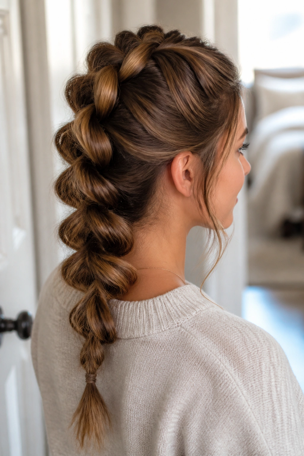 Portrait of a real woman with a pull-through braid, showcasing loops.
