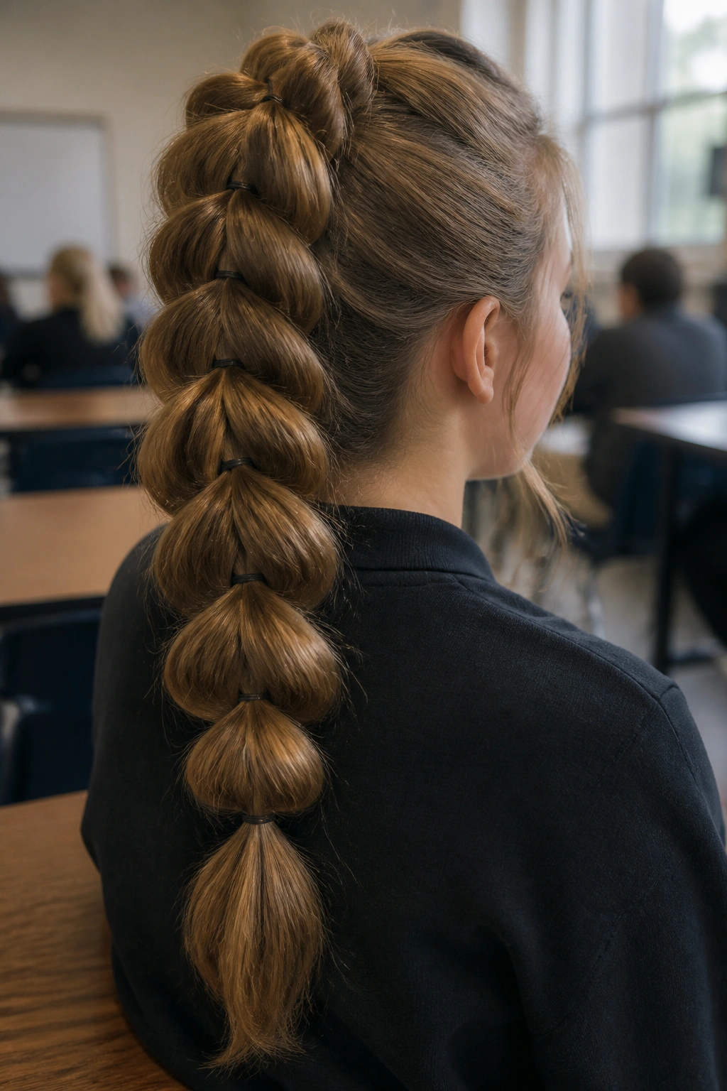 Back view close-up of a student wearing a pull-through braid.